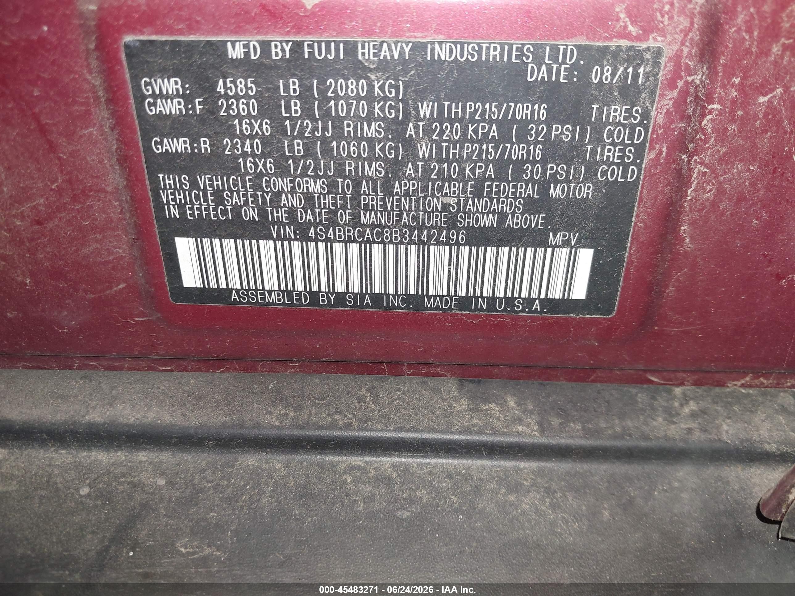2011 Subaru Outback 2.5i Maroon vin: 4S4BRCAC8B3442496