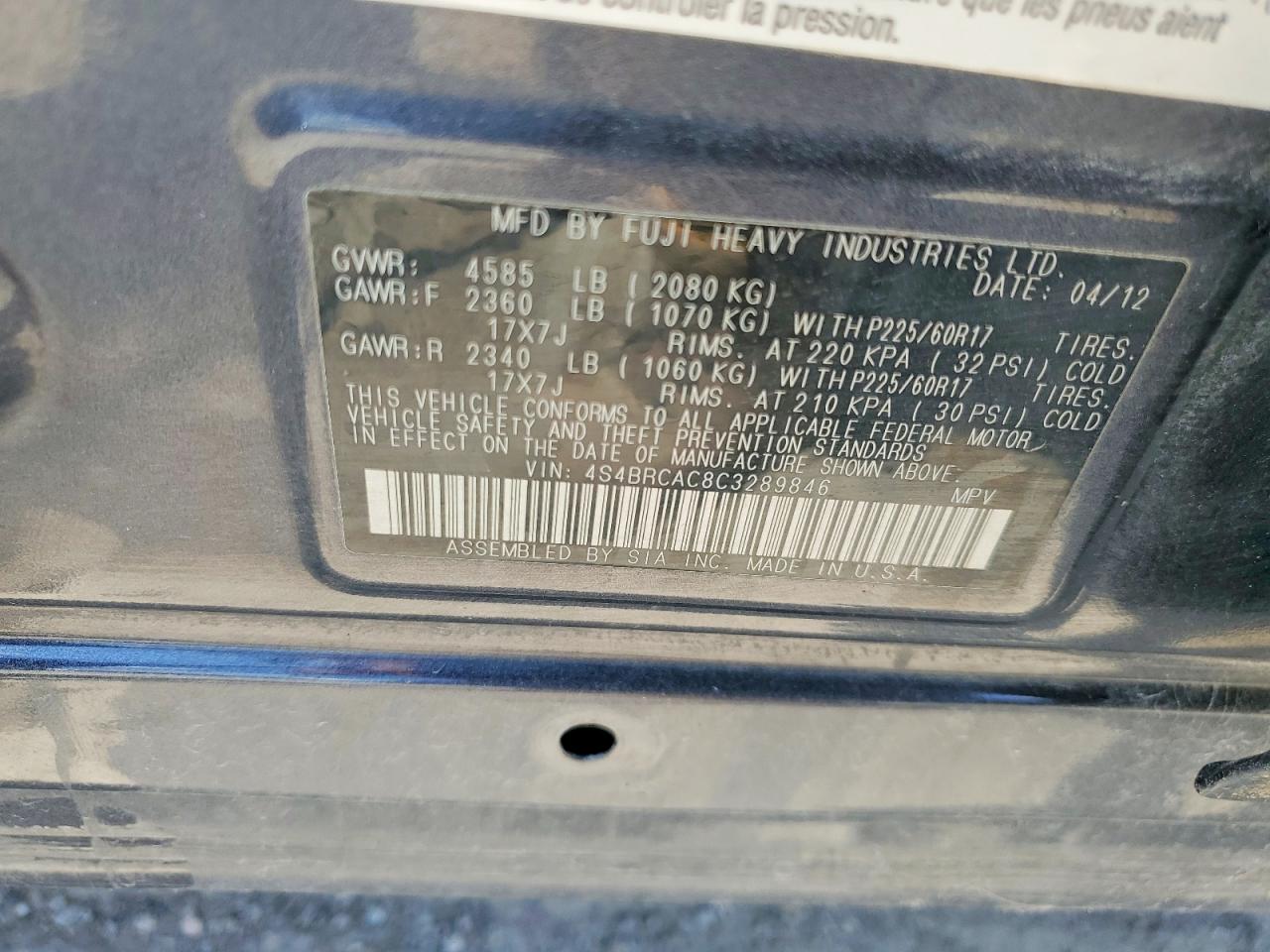 2012 Subaru Outback 2.5i Gray vin: 4S4BRCAC8C3289846