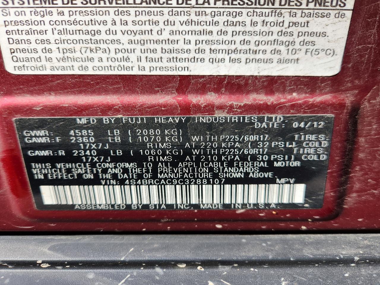 2012 Subaru Outback 2.5i Red vin: 4S4BRCAC9C3288107