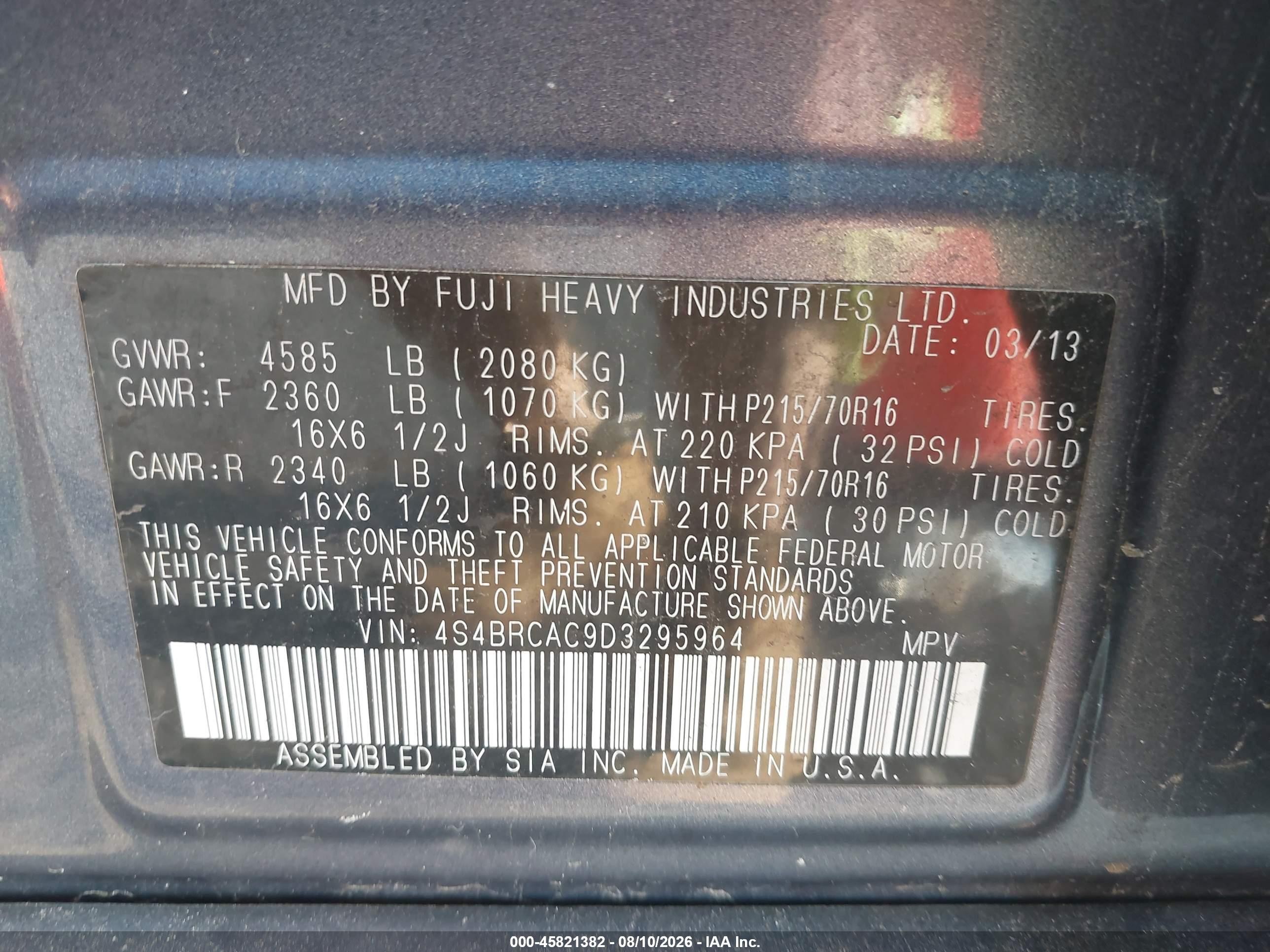 2013 Subaru Outback 2.5i Blue vin: 4S4BRCAC9D3295964