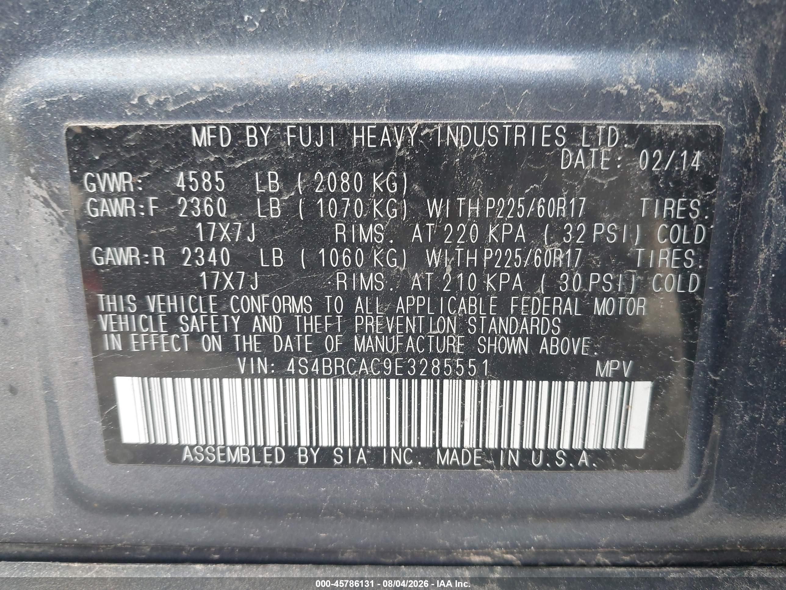 2014 Subaru Outback 2.5i Blue vin: 4S4BRCAC9E3285551