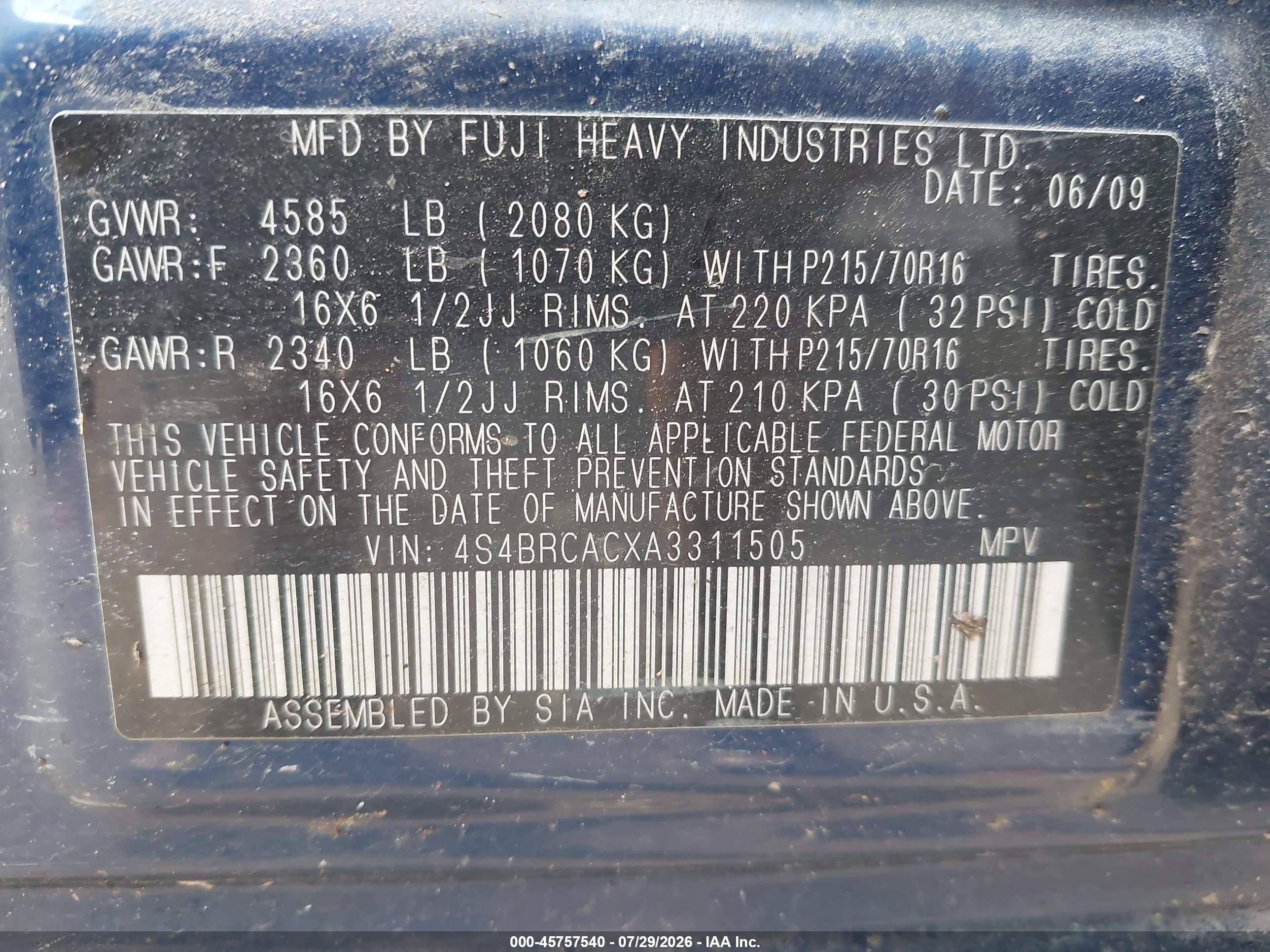 2010 Subaru Outback 2.5i Blue vin: 4S4BRCACXA3311505