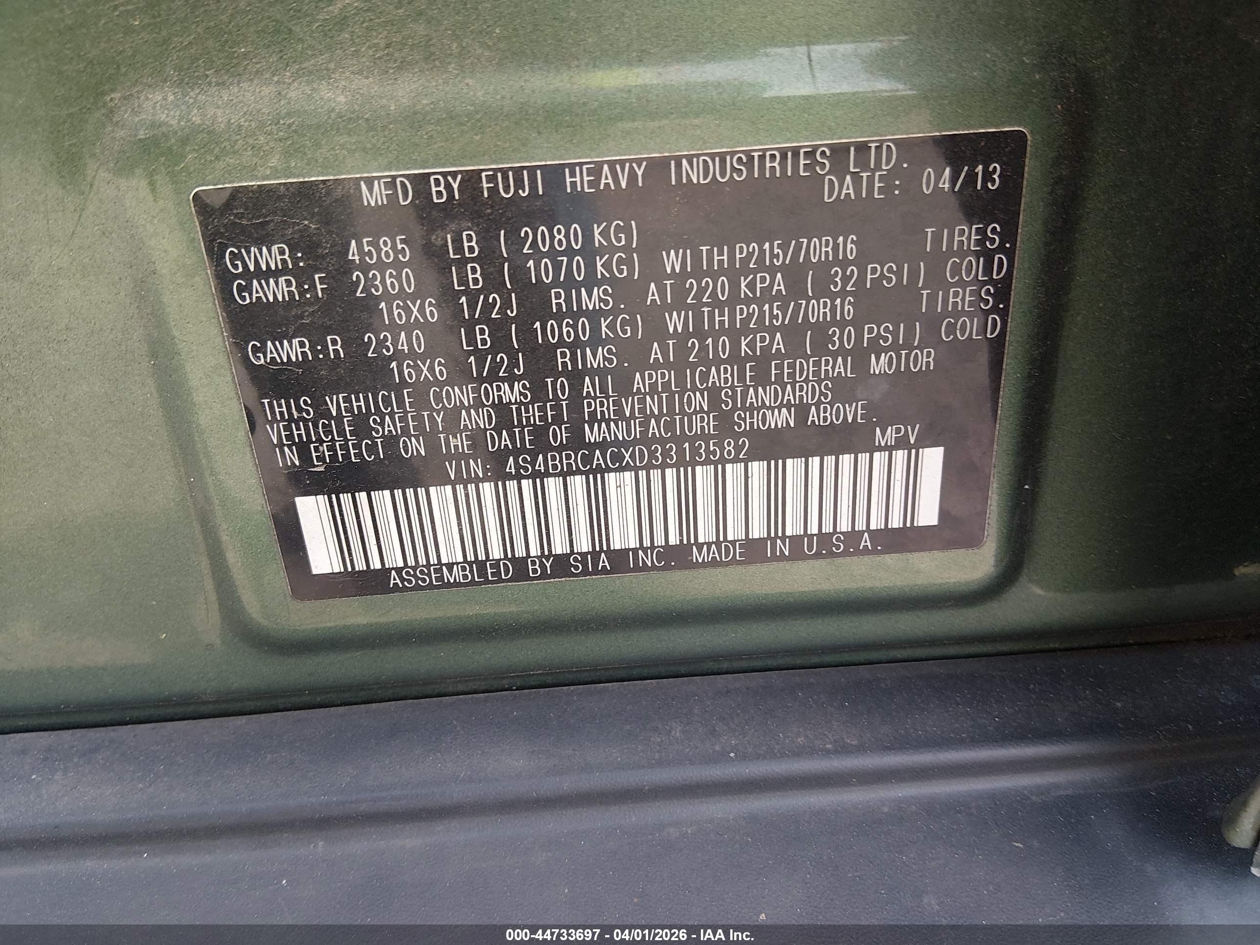 2013 Subaru Outback 2.5i Green vin: 4S4BRCACXD3313582