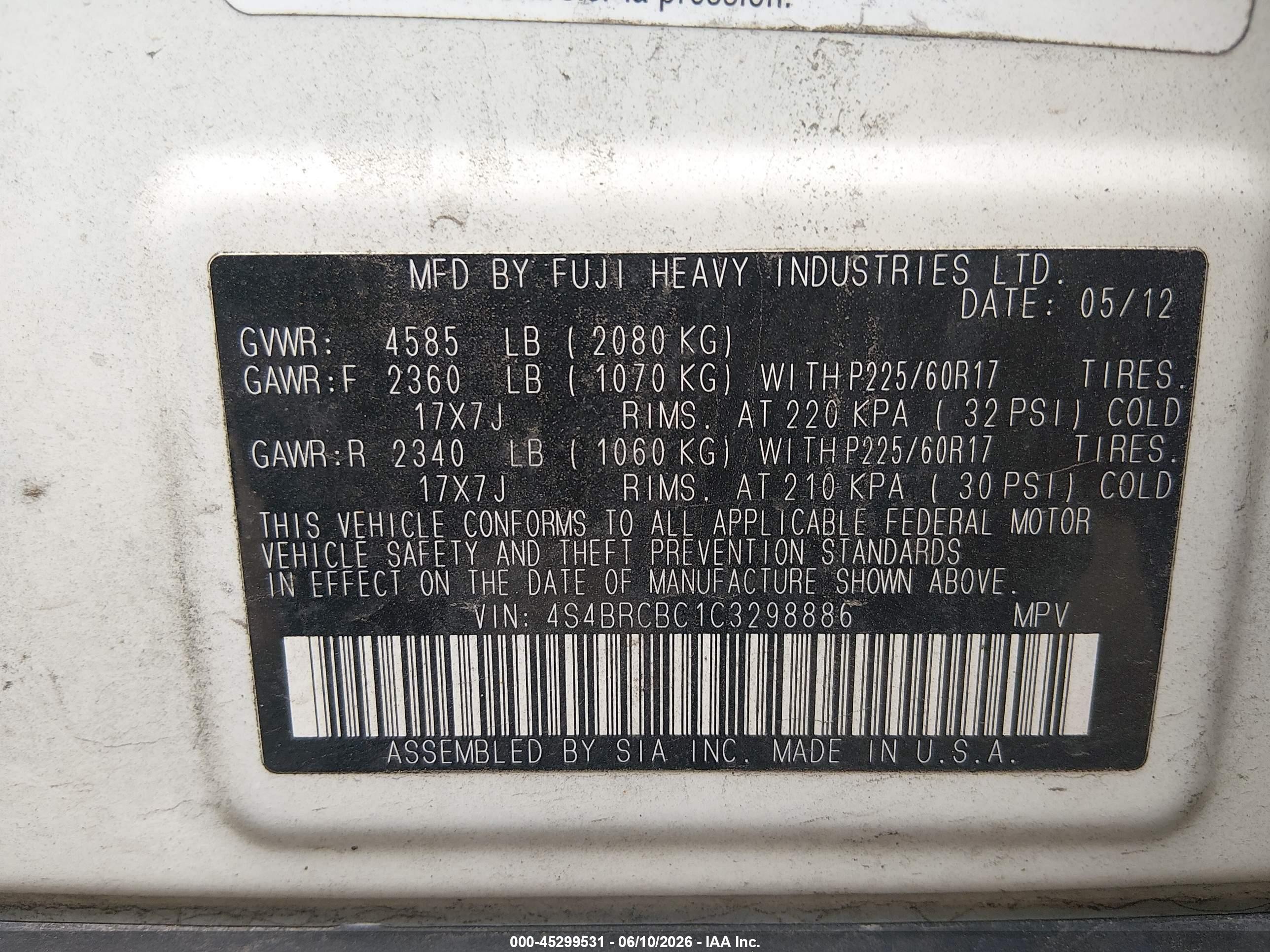 2012 Subaru Outback 2.5i Premium White vin: 4S4BRCBC1C3298886