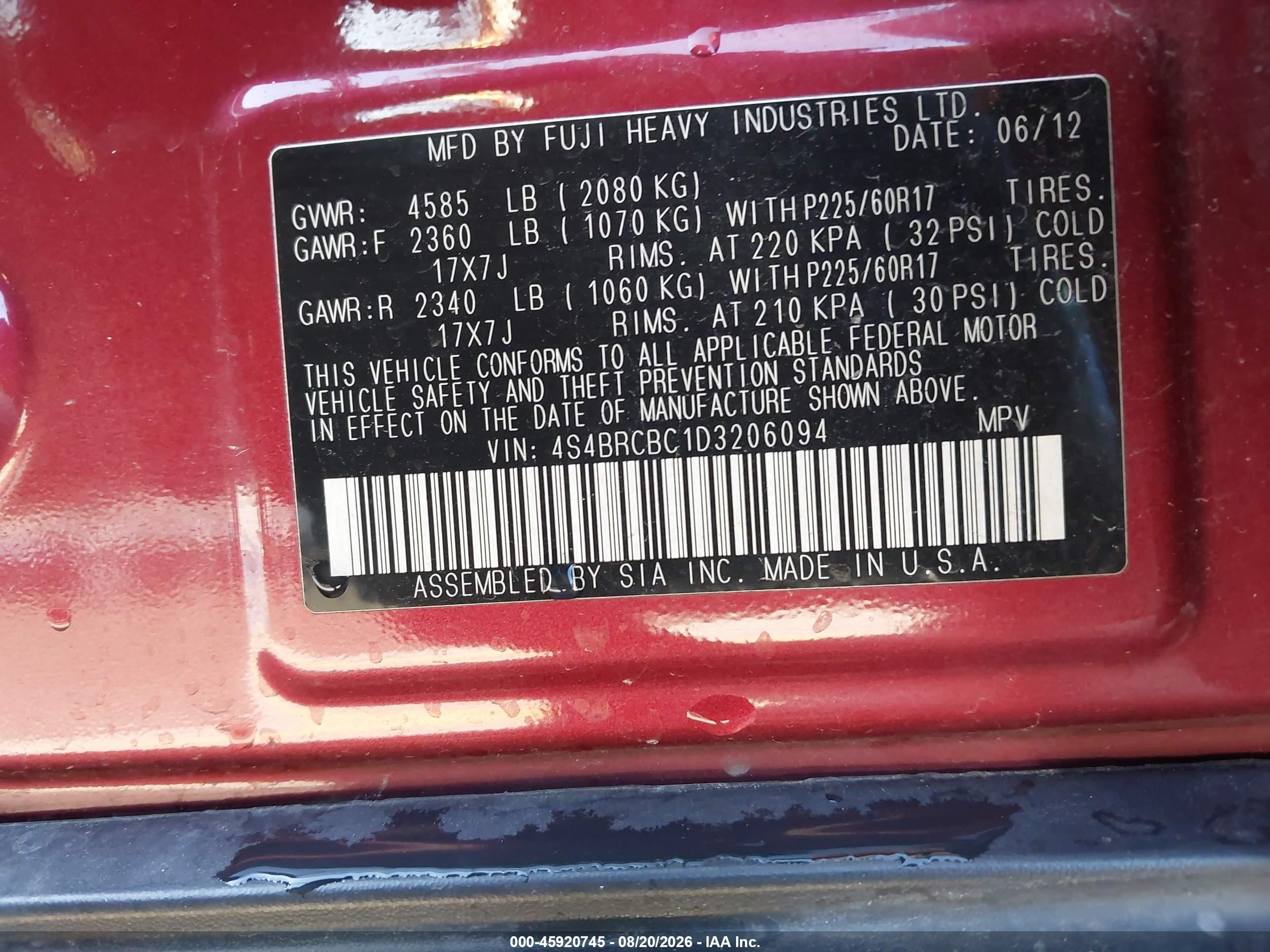 2013 Subaru Outback 2.5i Premium Red vin: 4S4BRCBC1D3206094