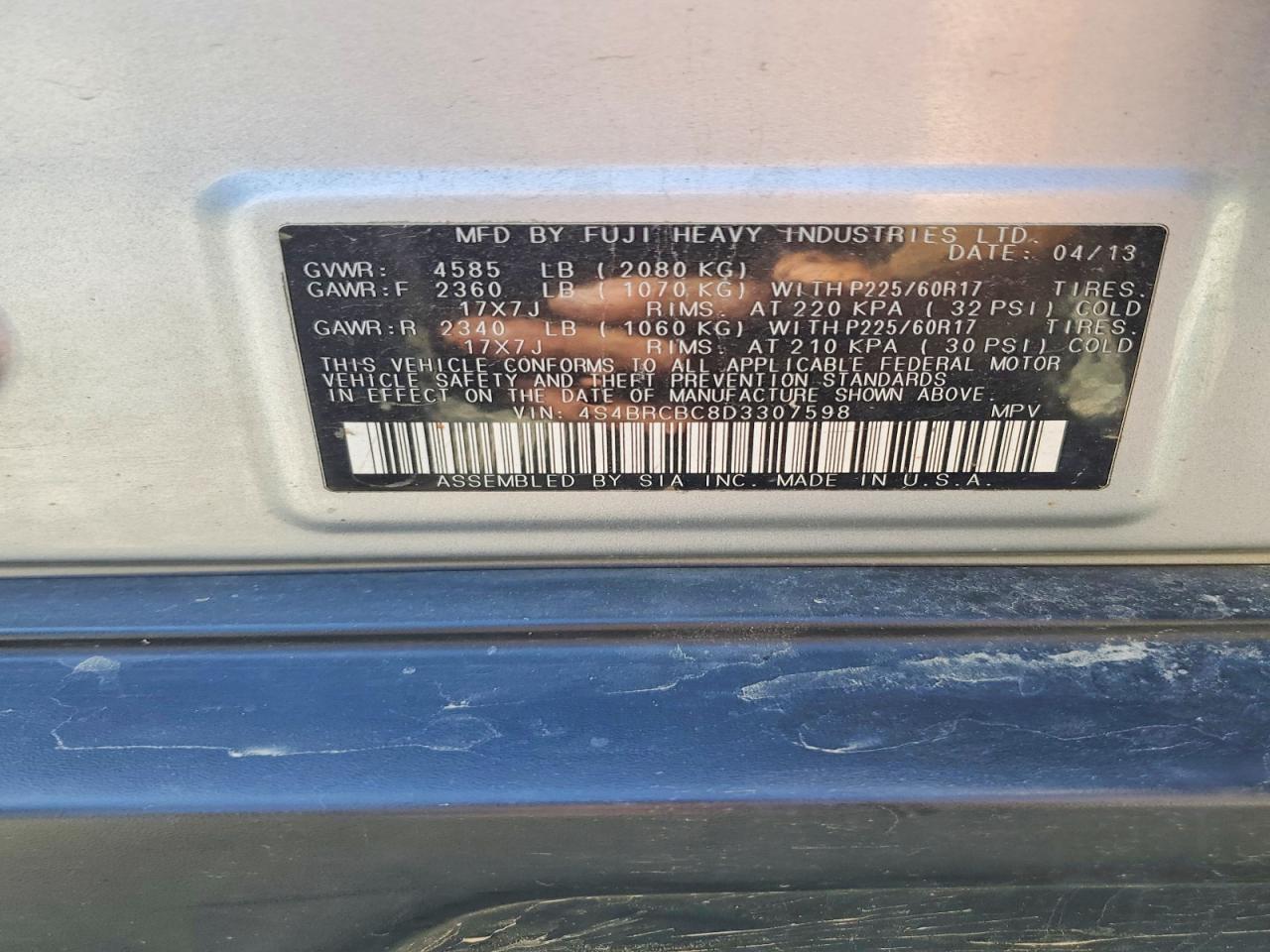 2013 Subaru Outback 2.5i Premium Silver vin: 4S4BRCBC8D3307598