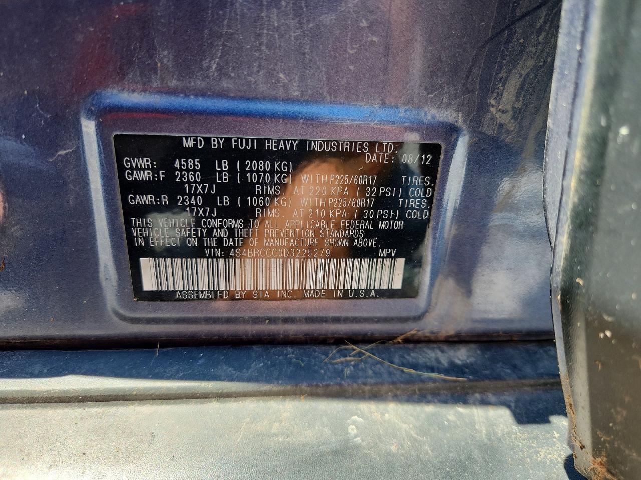 2013 Subaru Outback 2.5i Premium Blue vin: 4S4BRCCC0D3225279