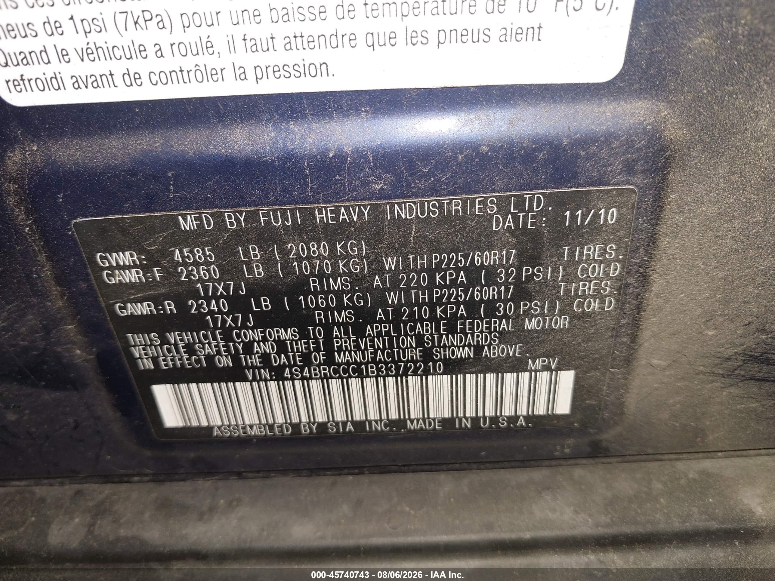 2011 Subaru Outback 2.5i Premium Blue vin: 4S4BRCCC1B3372210