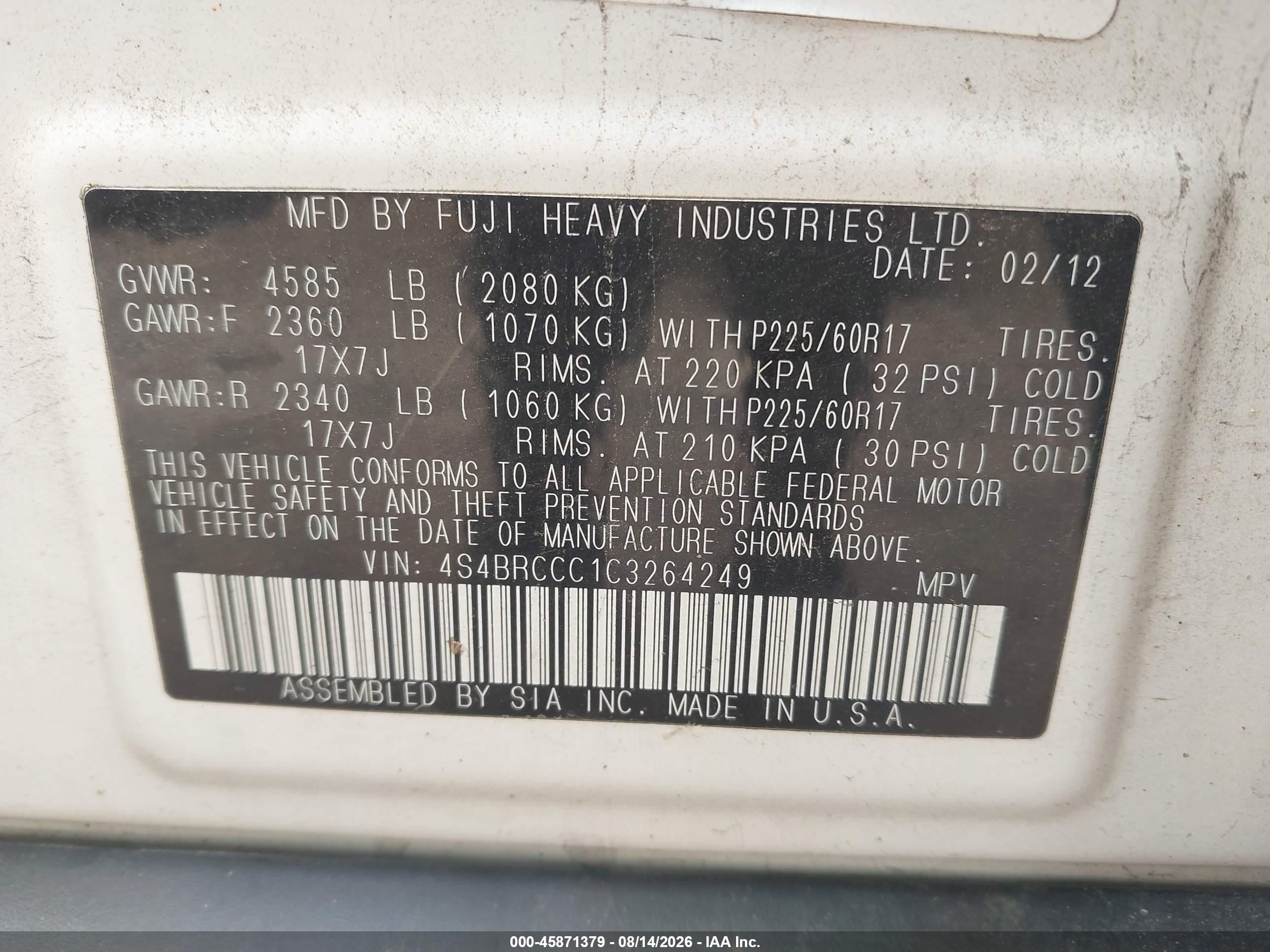 2012 Subaru Outback 2.5i Premium White vin: 4S4BRCCC1C3264249
