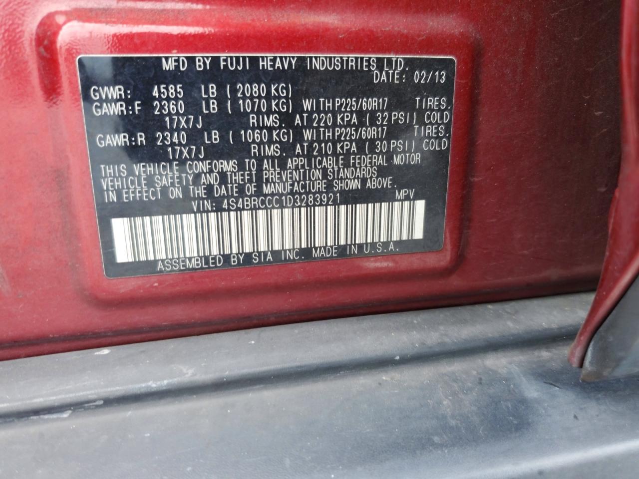 2013 Subaru Outback 2.5i Premium Red vin: 4S4BRCCC1D3283921