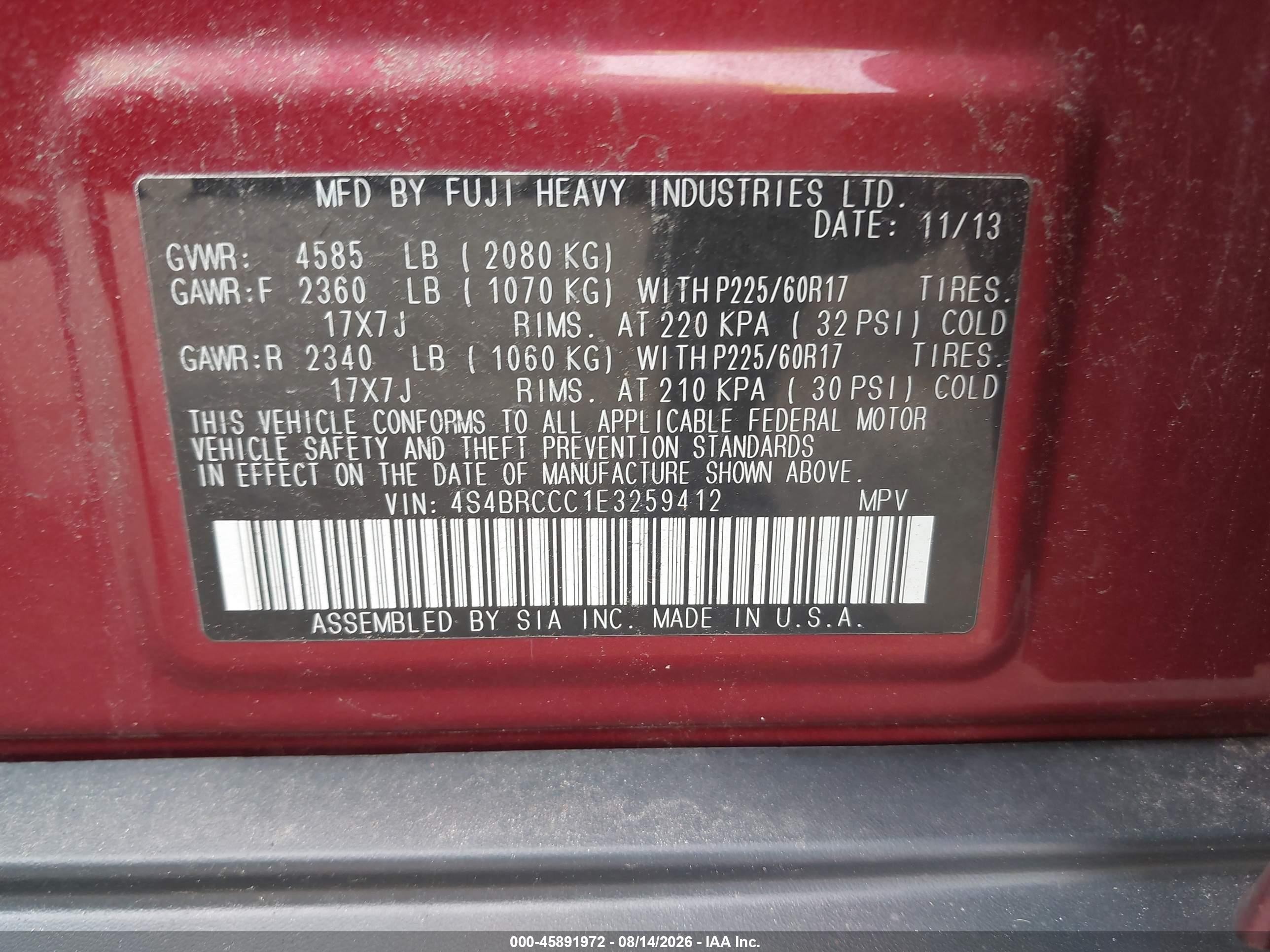 2014 Subaru Outback 2.5i Premium Red vin: 4S4BRCCC1E3259412
