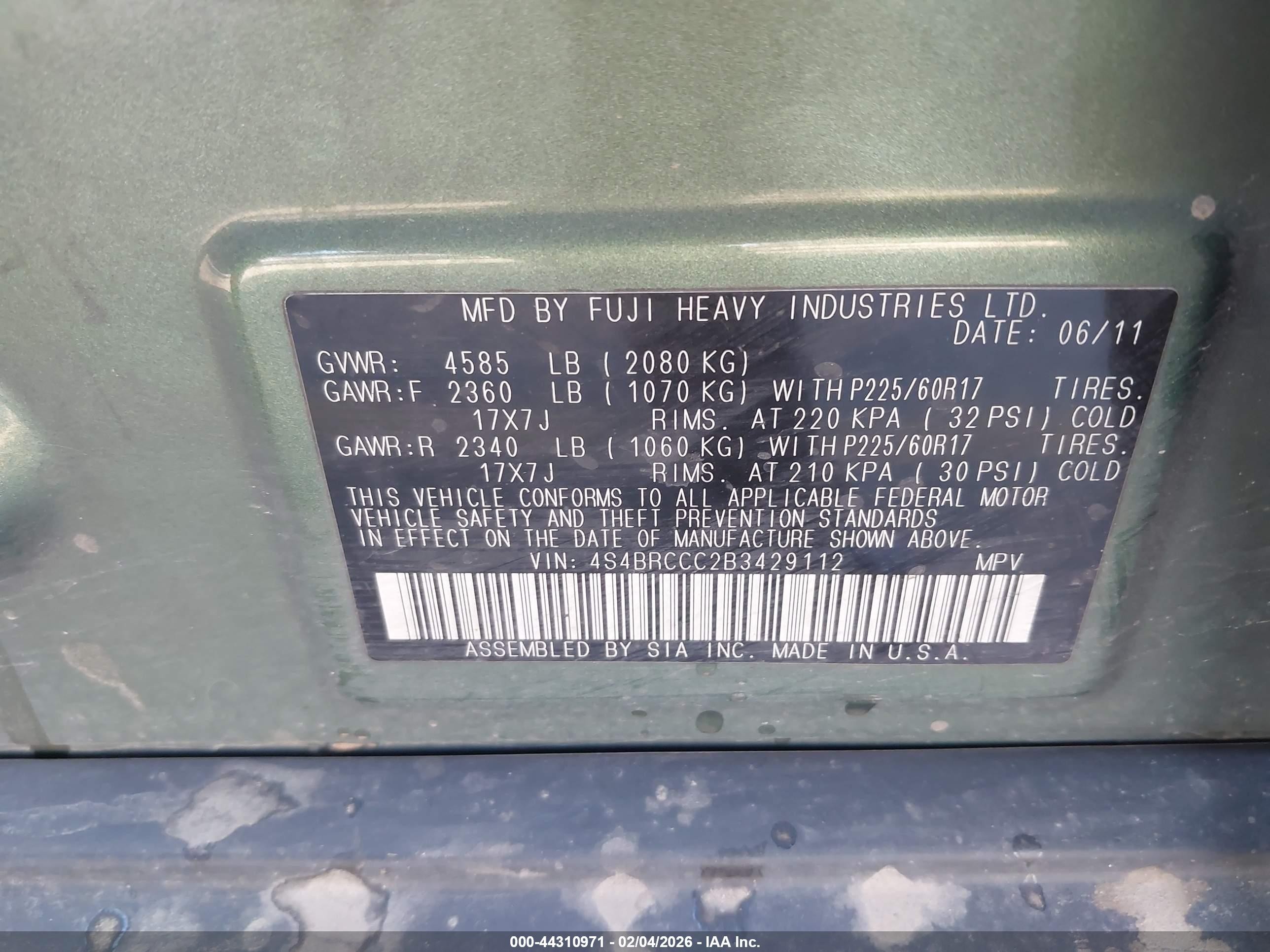 2011 Subaru Outback 2.5i Premium Green vin: 4S4BRCCC2B3429112