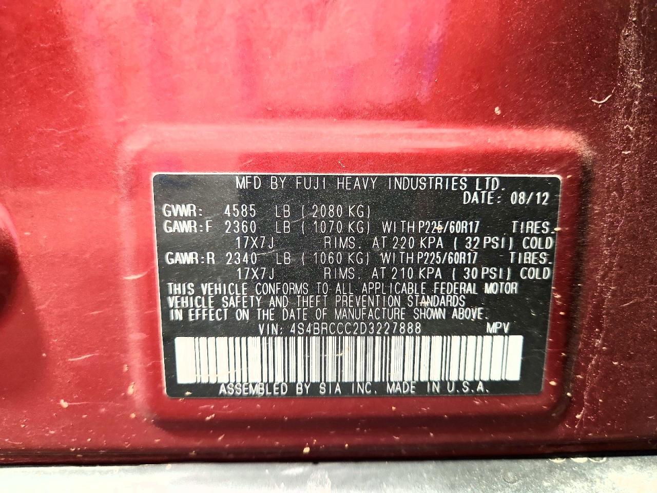 2013 Subaru Outback 2.5i Premium Red vin: 4S4BRCCC2D3227888