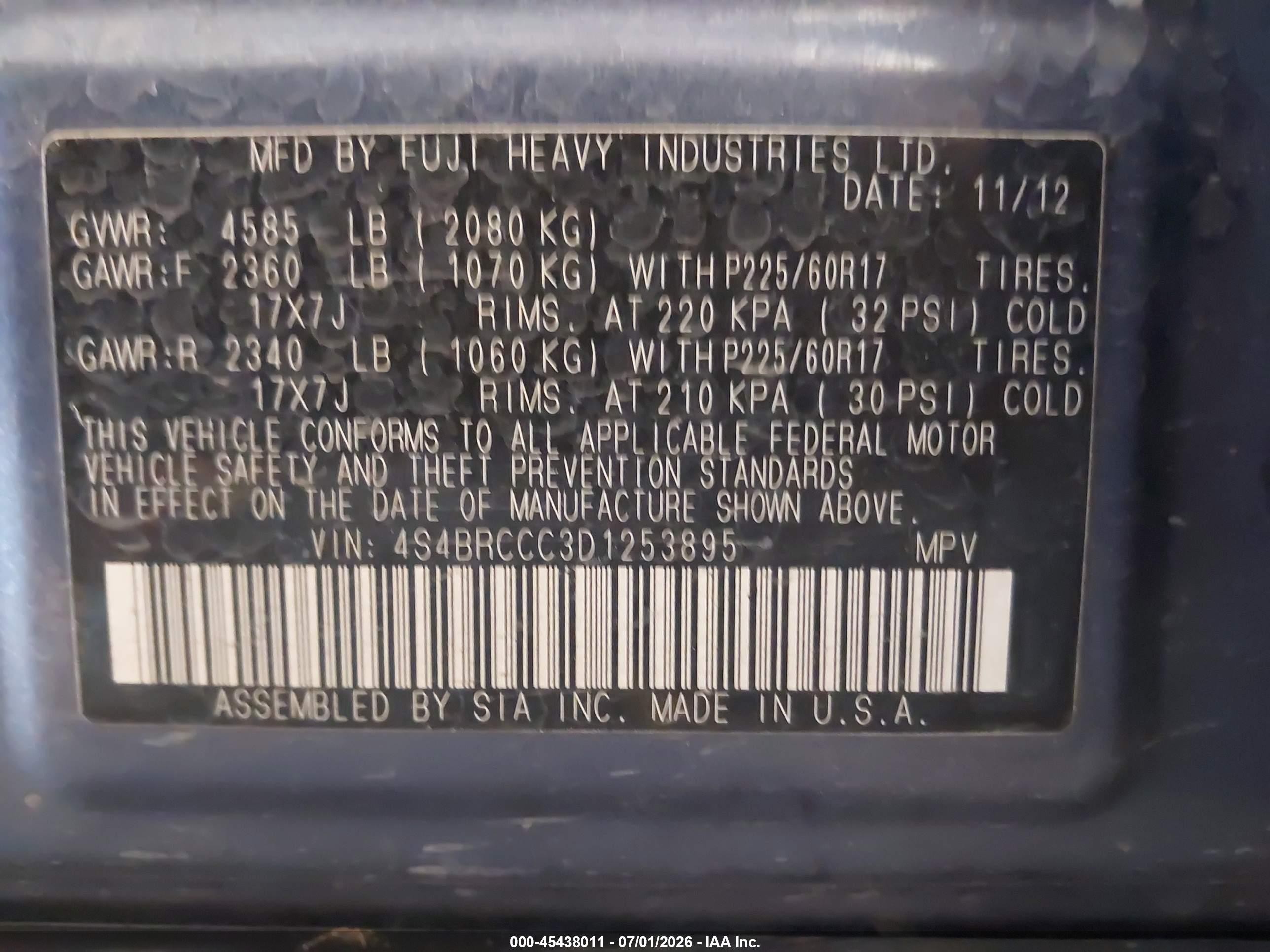 2013 Subaru Outback 2.5i Premium Blue vin: 4S4BRCCC3D1253895