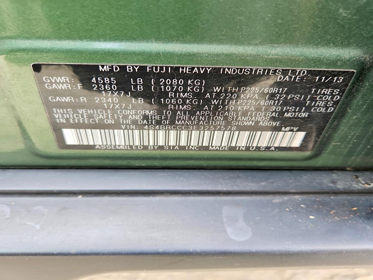 2014 Subaru Outback 2.5i Premium Green vin: 4S4BRCCC3E3257578