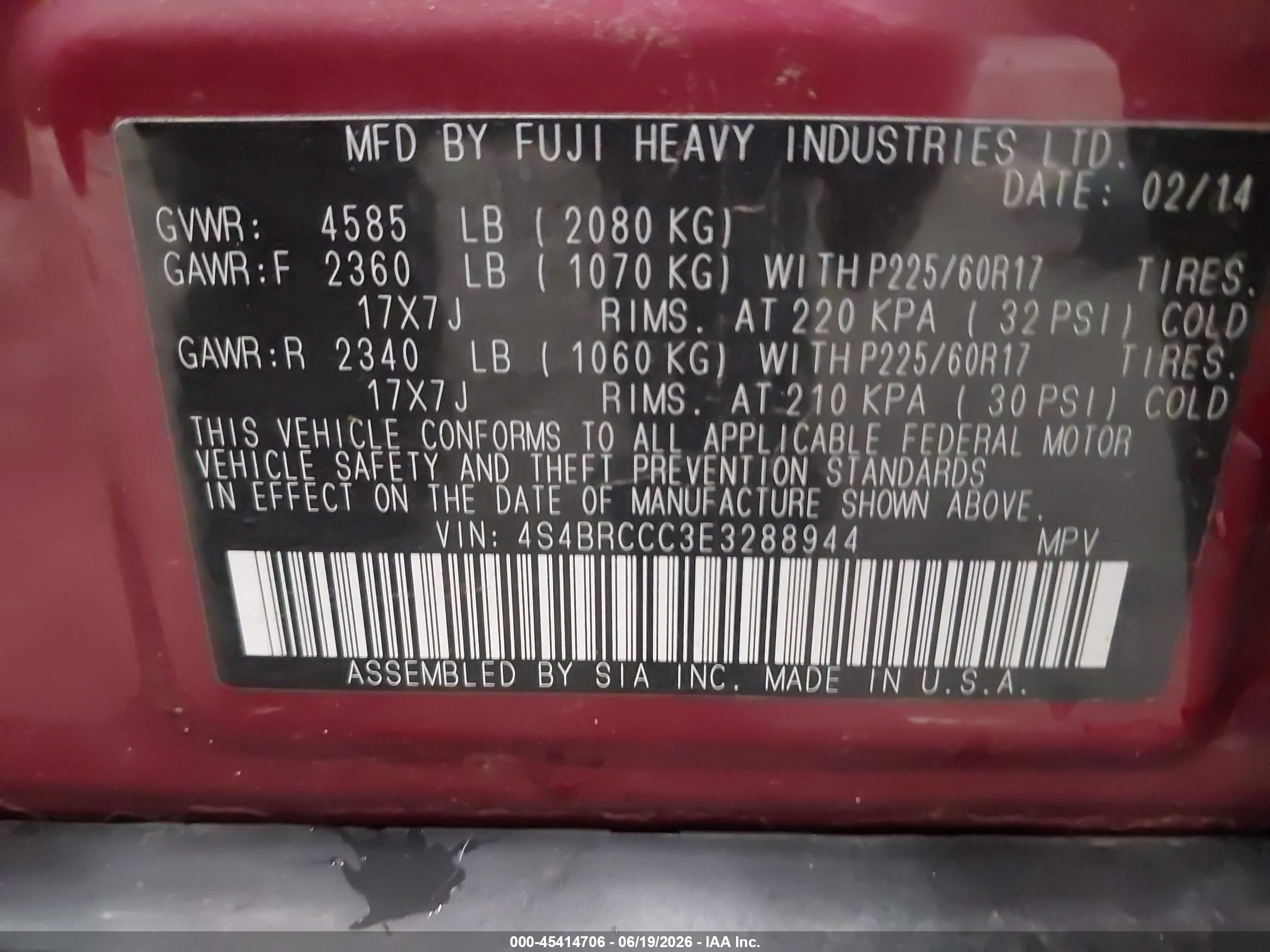 2014 Subaru Outback 2.5i Premium Red vin: 4S4BRCCC3E3288944