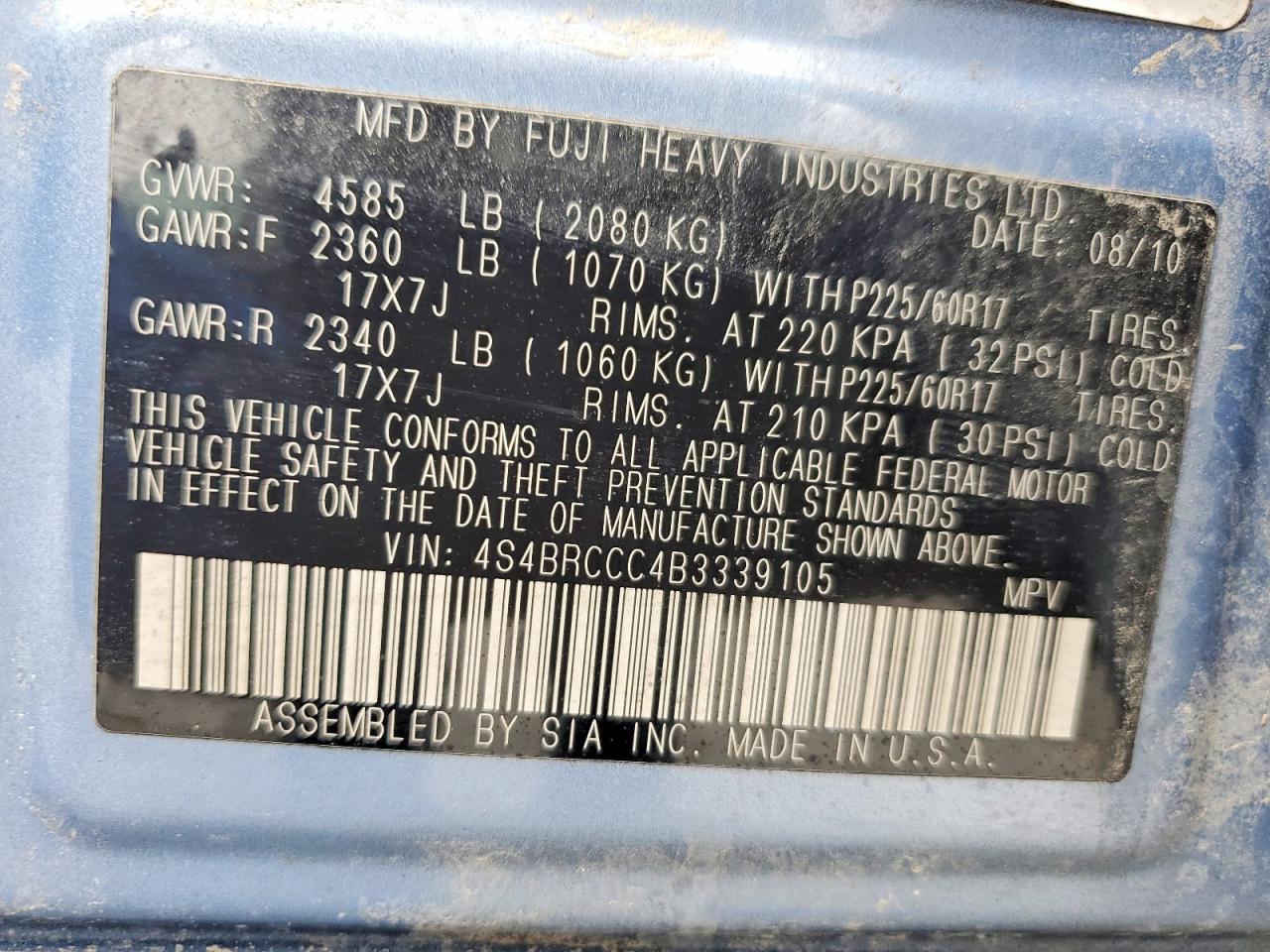 2011 Subaru Outback 2.5i Premium Blue vin: 4S4BRCCC4B3339105