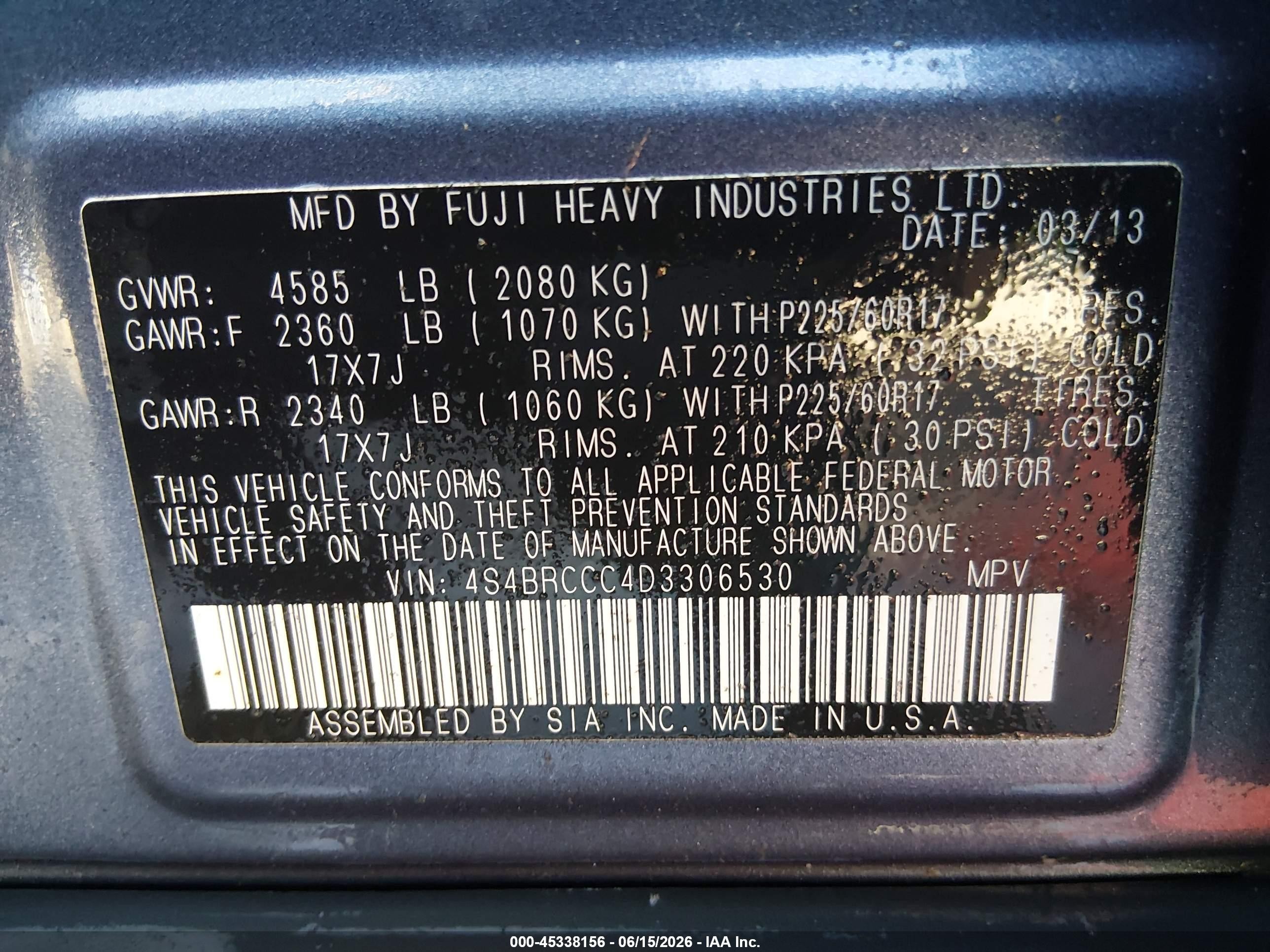 2013 Subaru Outback 2.5i Premium Blue vin: 4S4BRCCC4D3306530