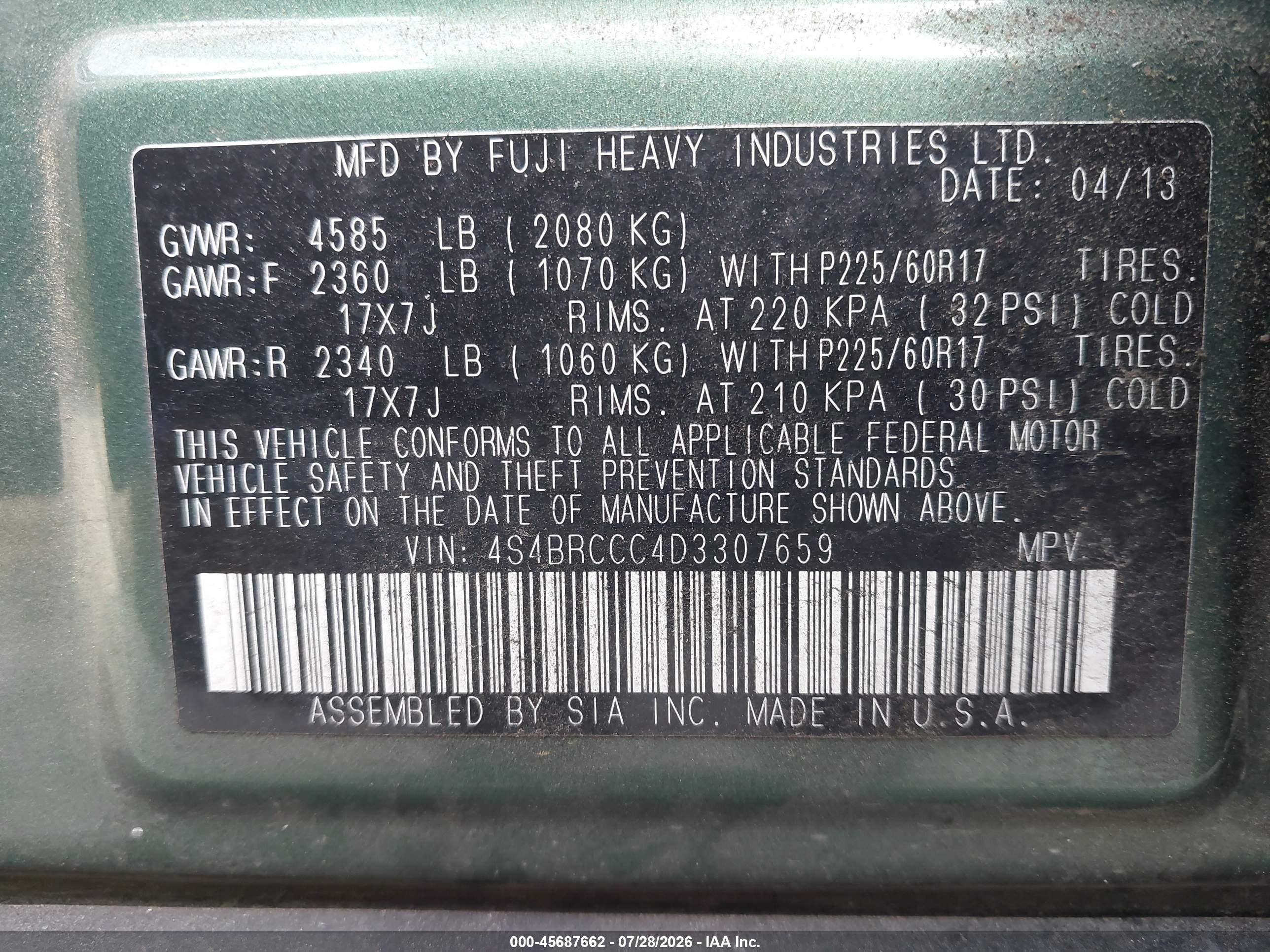 2013 Subaru Outback 2.5i Premium Green vin: 4S4BRCCC4D3307659