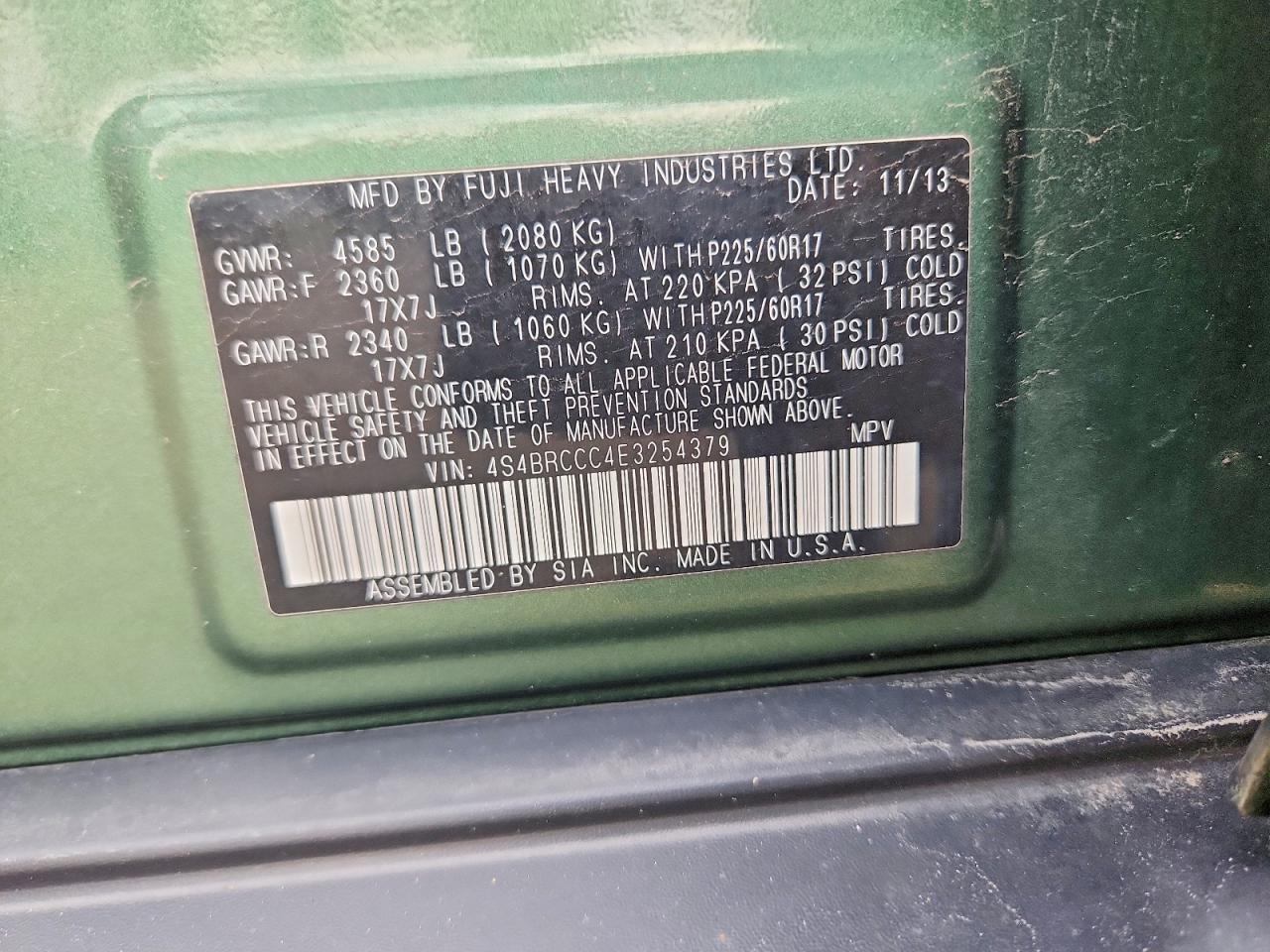 2014 Subaru Outback 2.5i Premium Green vin: 4S4BRCCC4E3254379