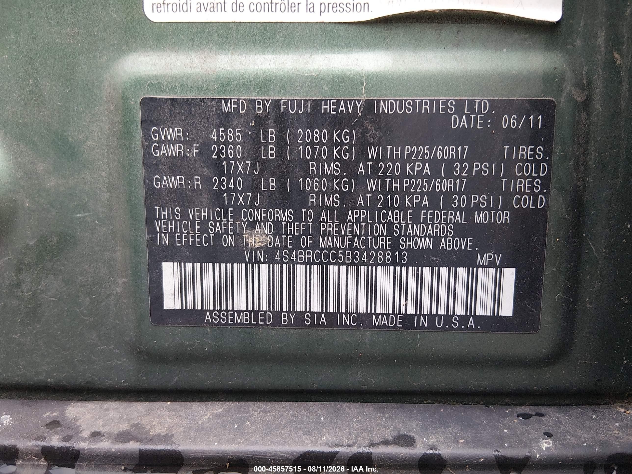 2011 Subaru Outback 2.5i Premium Green vin: 4S4BRCCC5B3428813