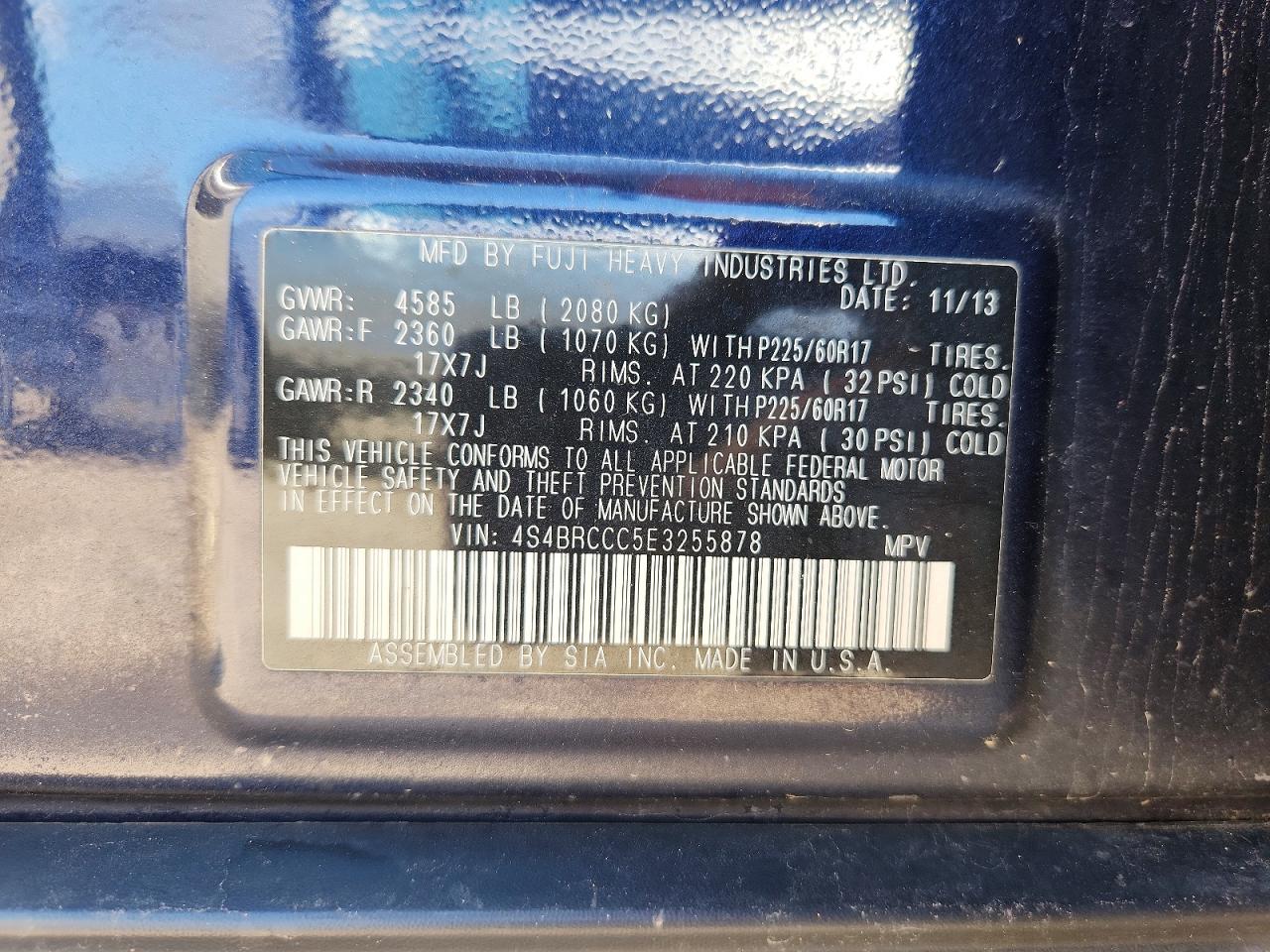 2014 Subaru Outback 2.5i Premium Blue vin: 4S4BRCCC5E3255878