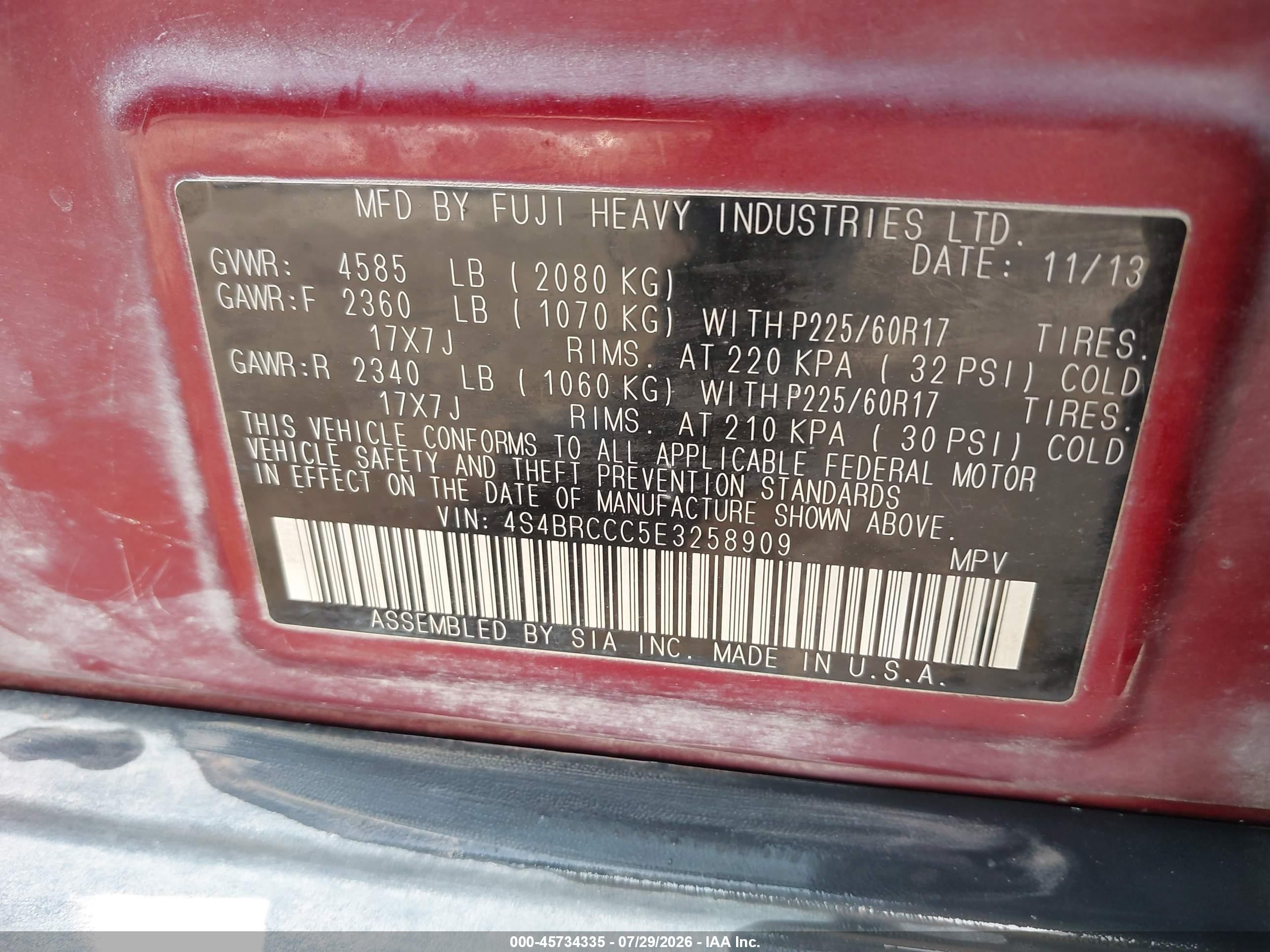 2014 Subaru Outback 2.5i Premium Red vin: 4S4BRCCC5E3258909