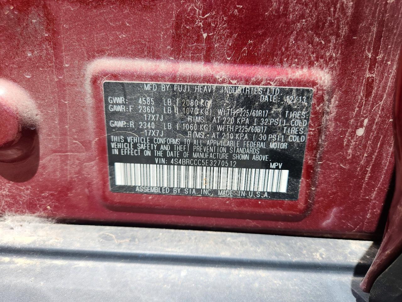 2014 Subaru Outback 2.5i Premium Red vin: 4S4BRCCC5E3270512