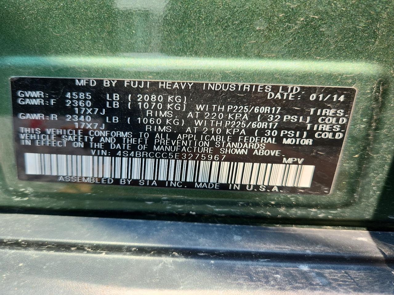 2014 Subaru Outback 2.5i Premium Green vin: 4S4BRCCC5E3275967