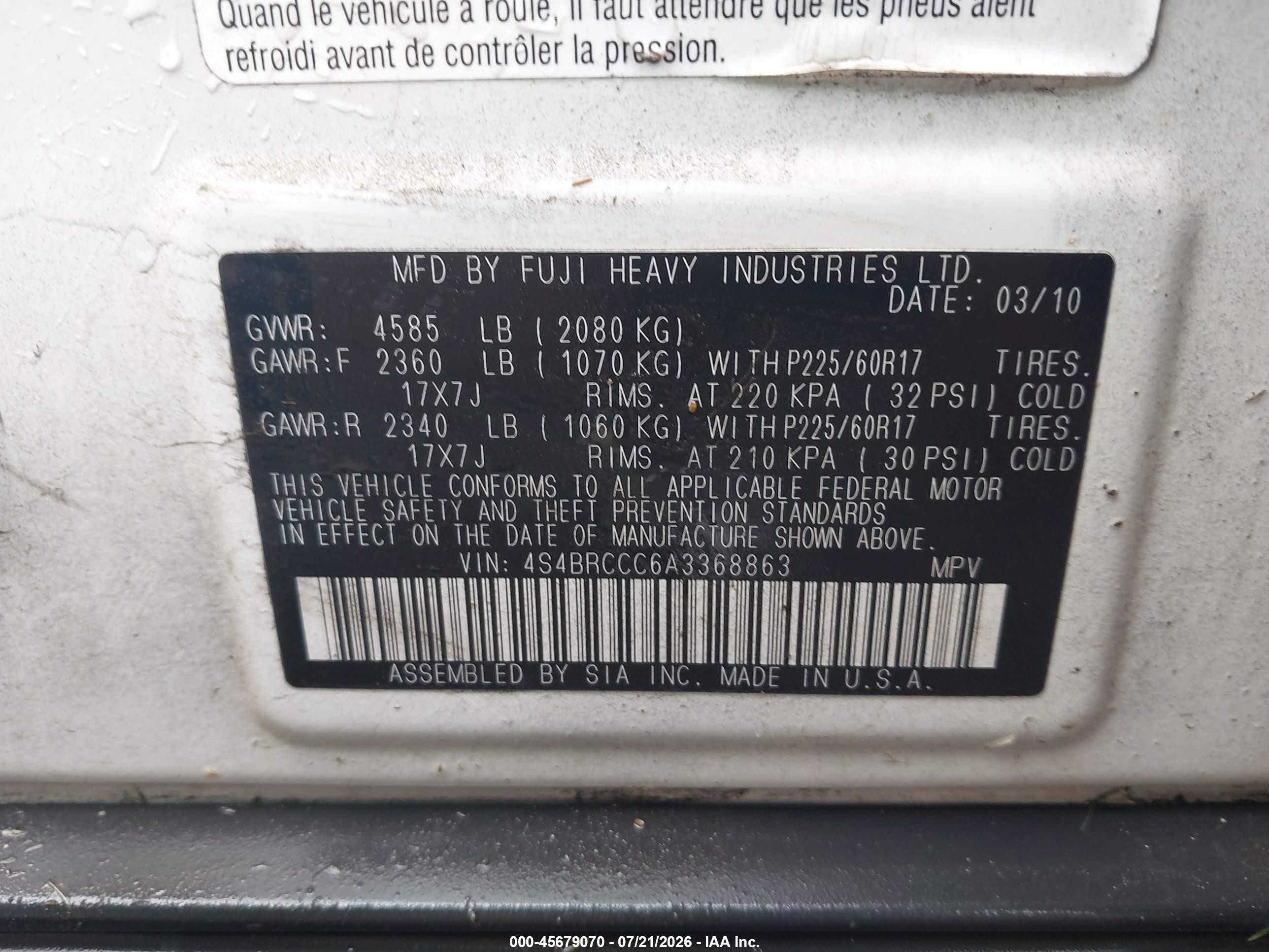 2010 Subaru Outback 2.5i Premium White vin: 4S4BRCCC6A3368863