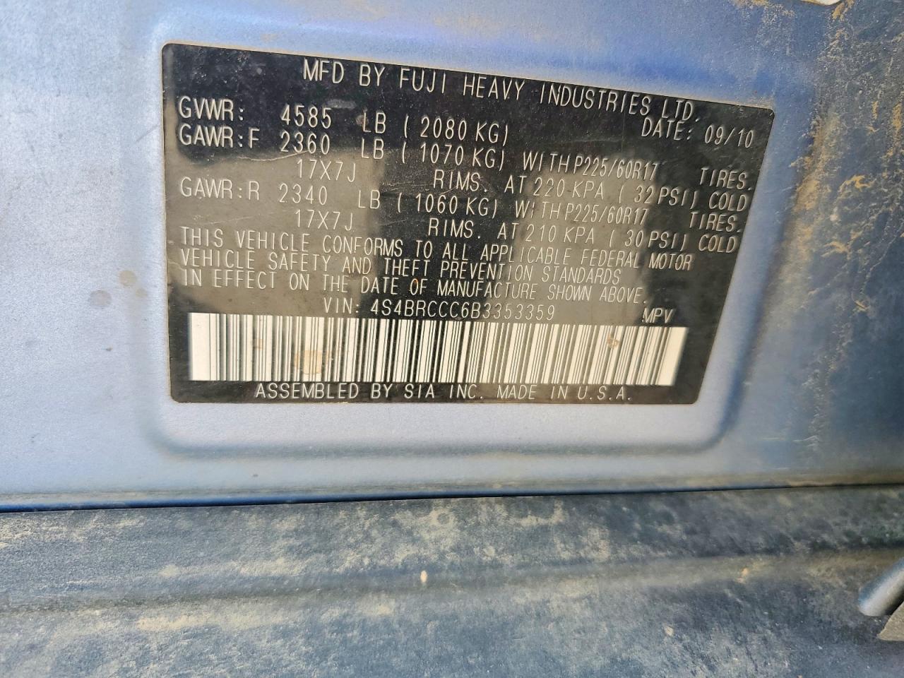 2011 Subaru Outback 2.5i Premium Blue vin: 4S4BRCCC6B3353359