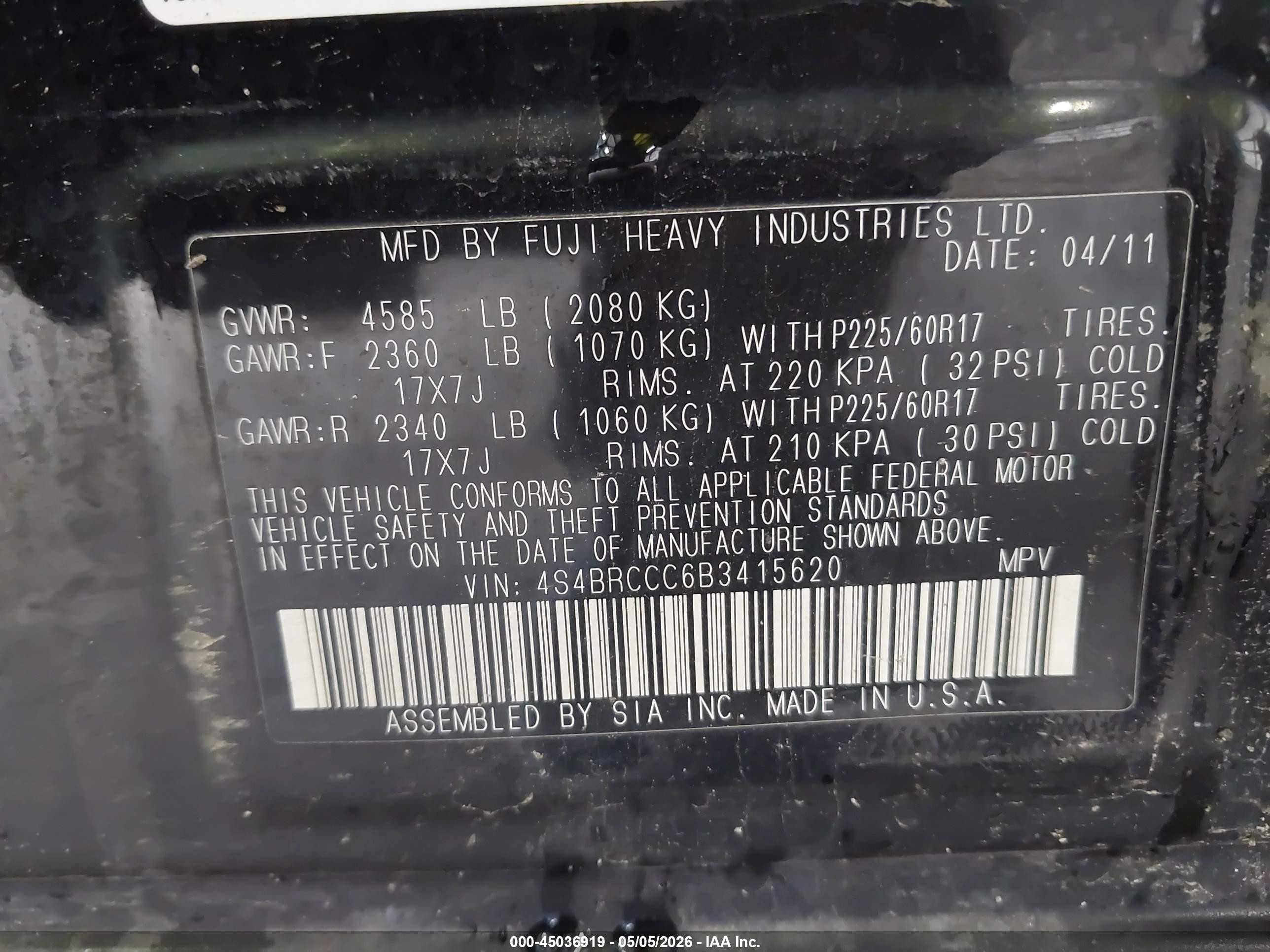 2011 Subaru Outback 2.5i Premium Black vin: 4S4BRCCC6B3415620