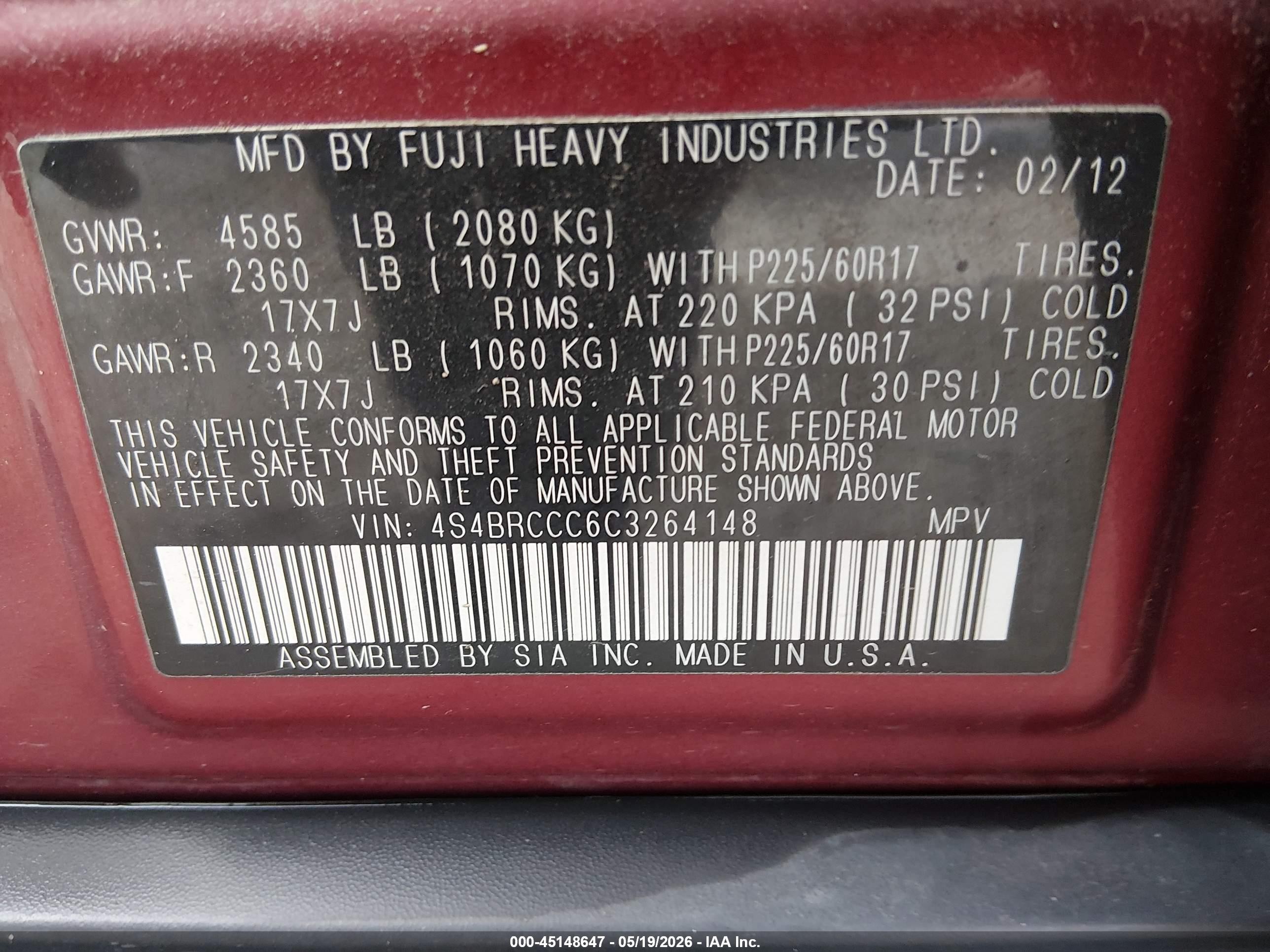 2012 Subaru Outback 2.5i Premium Red vin: 4S4BRCCC6C3264148