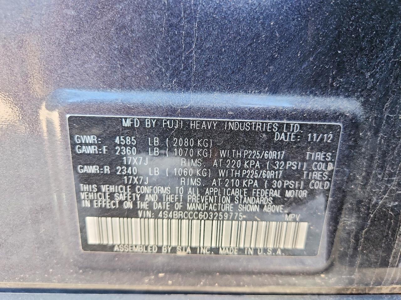 2013 Subaru Outback 2.5i Premium Gray vin: 4S4BRCCC6D3259775