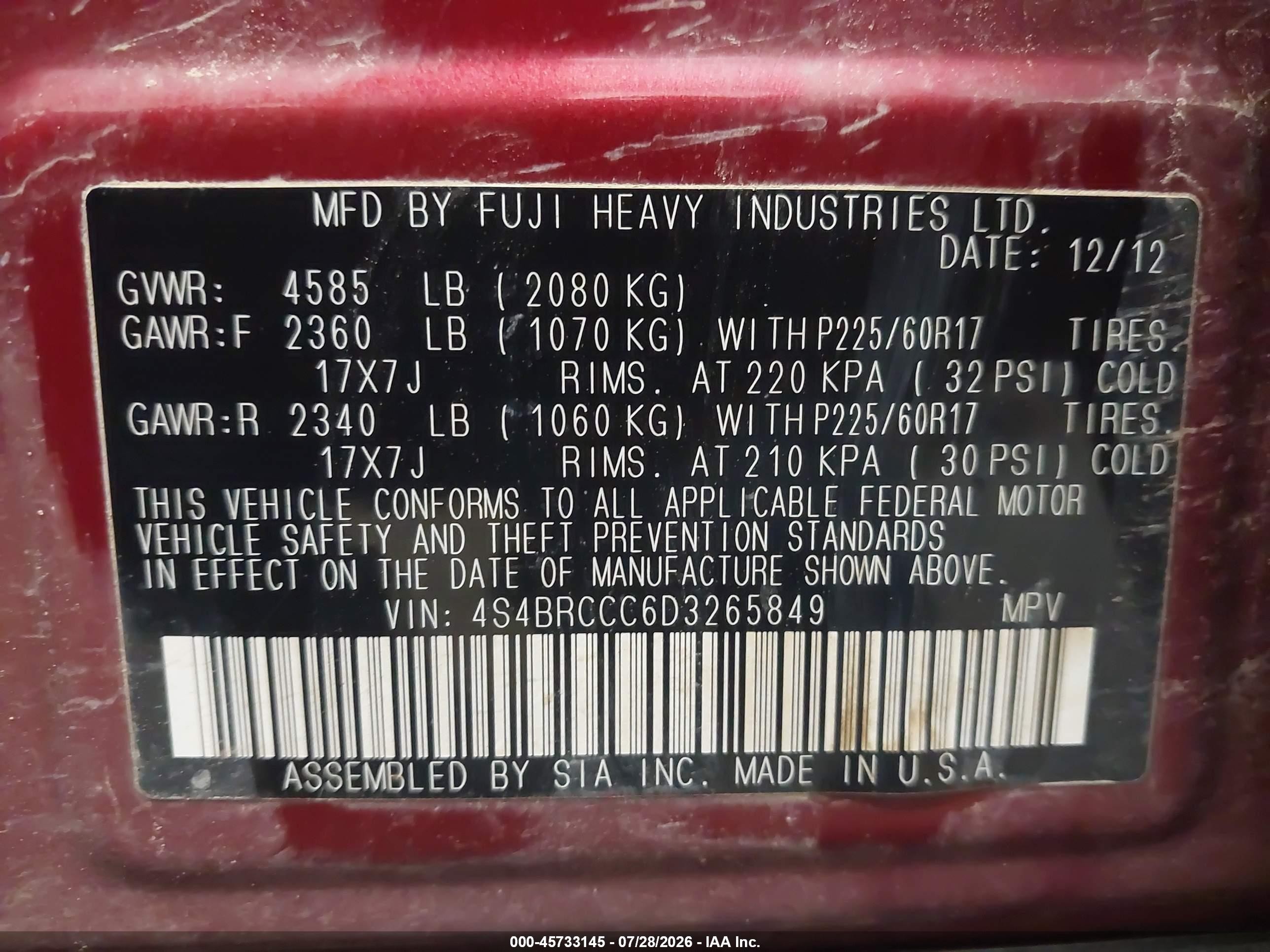 2013 Subaru Outback 2.5i Premium Burgundy vin: 4S4BRCCC6D3265849