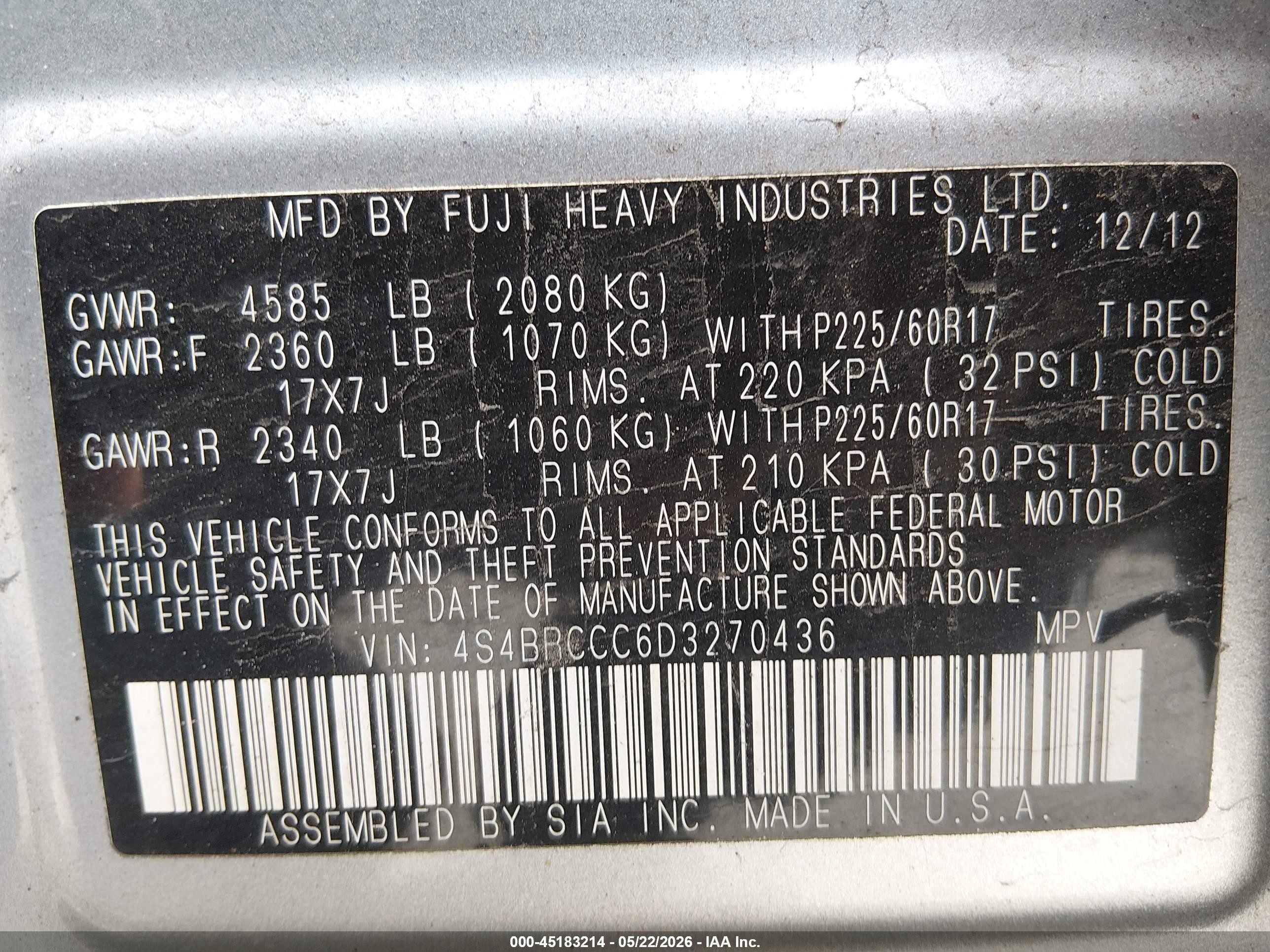 2013 Subaru Outback 2.5i Premium Silver vin: 4S4BRCCC6D3270436