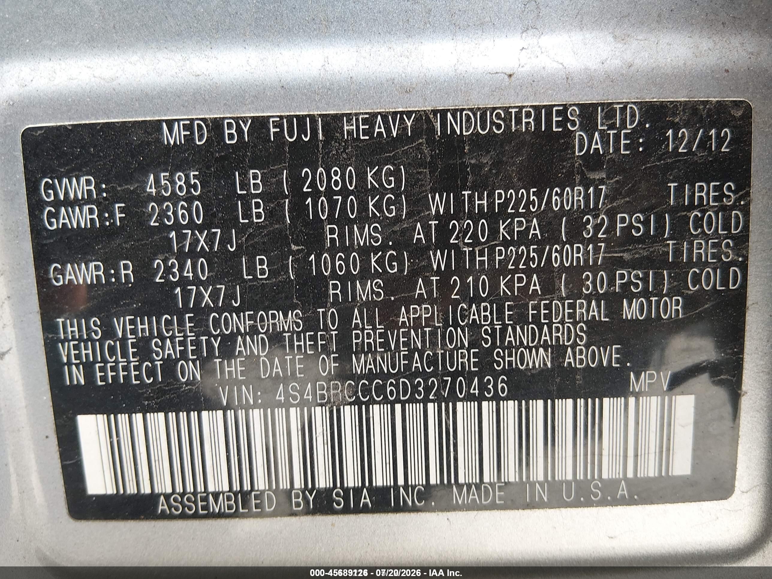 2013 Subaru Outback 2.5i Premium Silver vin: 4S4BRCCC6D3270436