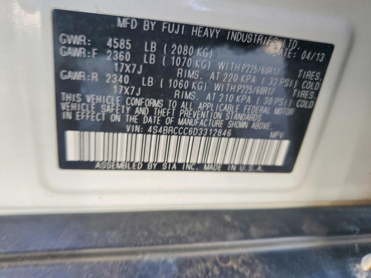 2013 Suba Outback 2. White vin: 4S4BRCCC6D3312846