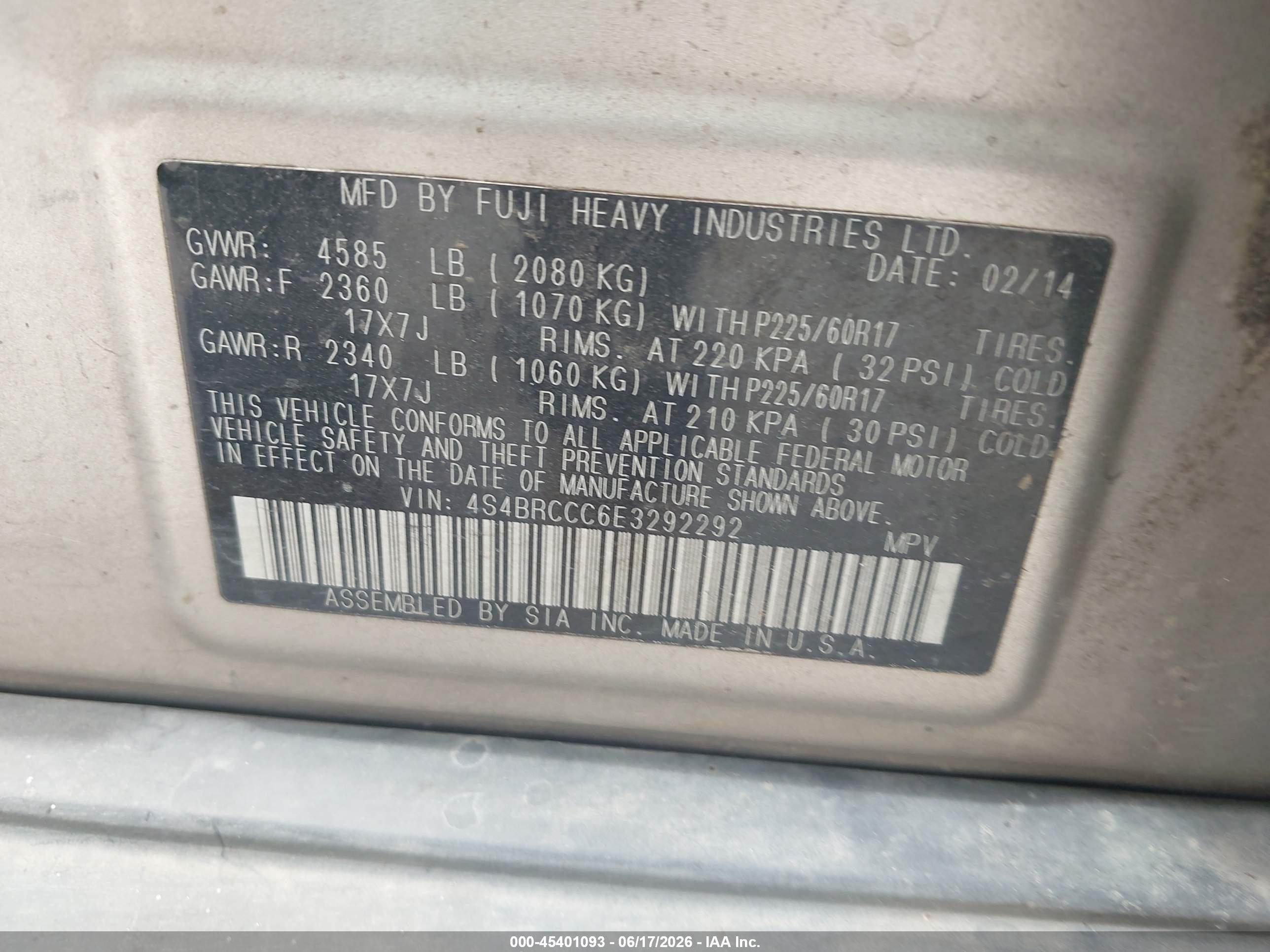 2014 Subaru Outback 2.5i Premium Tan vin: 4S4BRCCC6E3292292