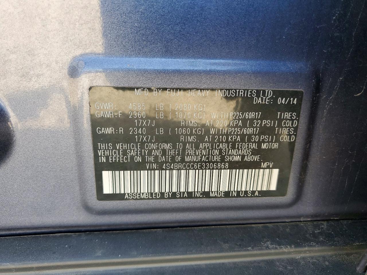 2014 Subaru Outback 2.5i Premium Blue vin: 4S4BRCCC6E3306868