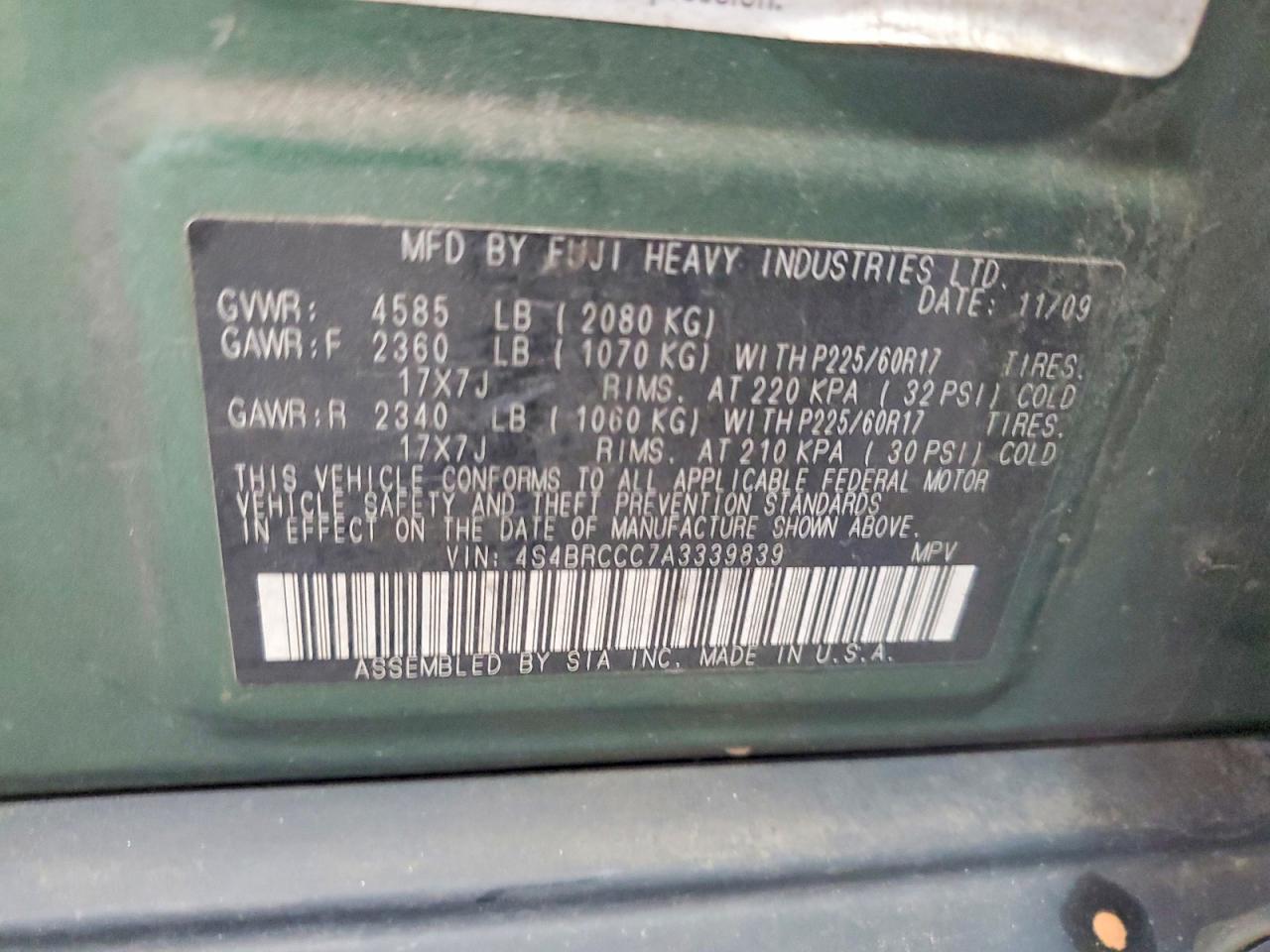 2010 Subaru Outback 2.5i Premium Green vin: 4S4BRCCC7A3339839