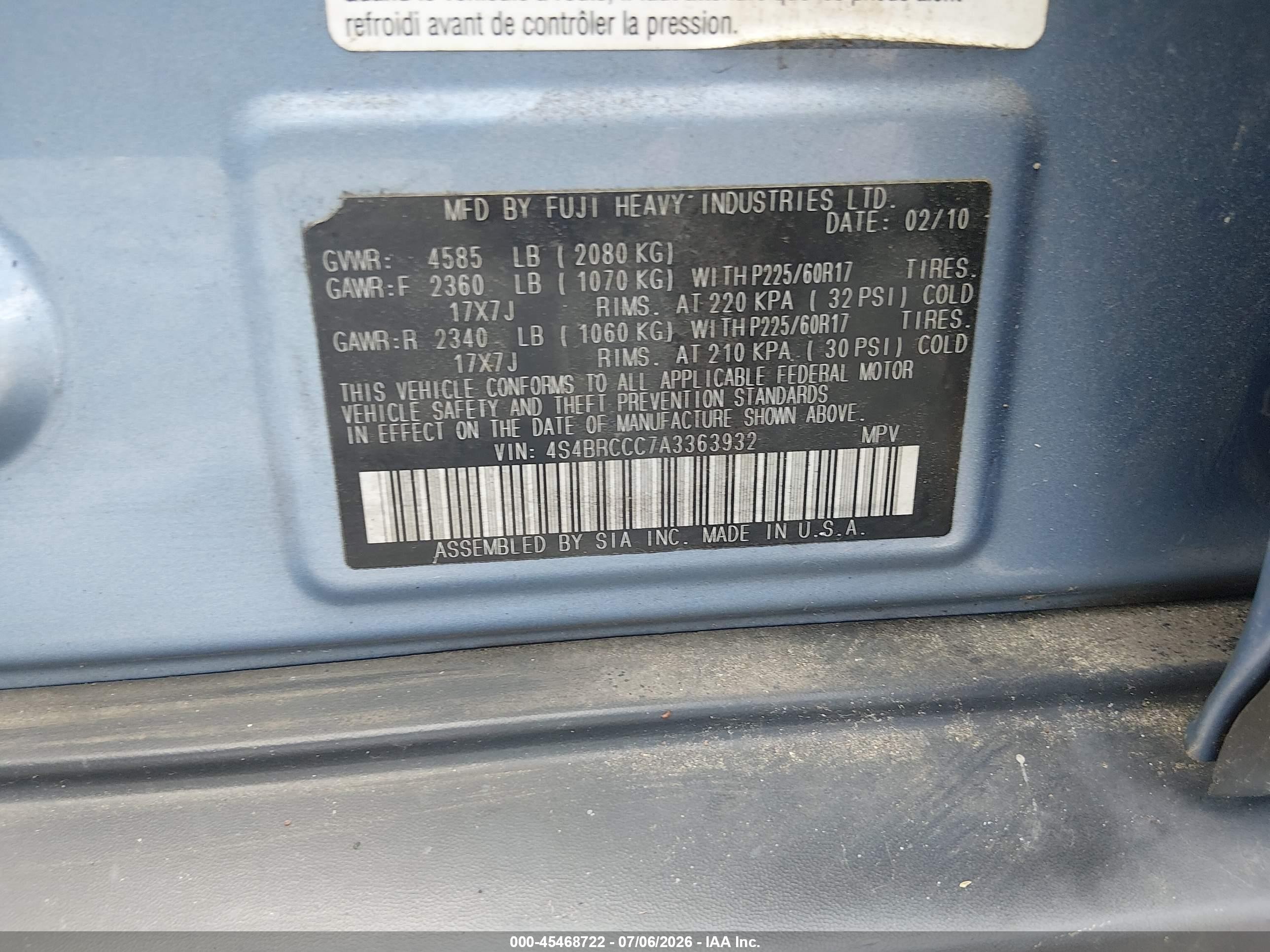 2010 Subaru Outback 2.5i Premium Blue vin: 4S4BRCCC7A3363932