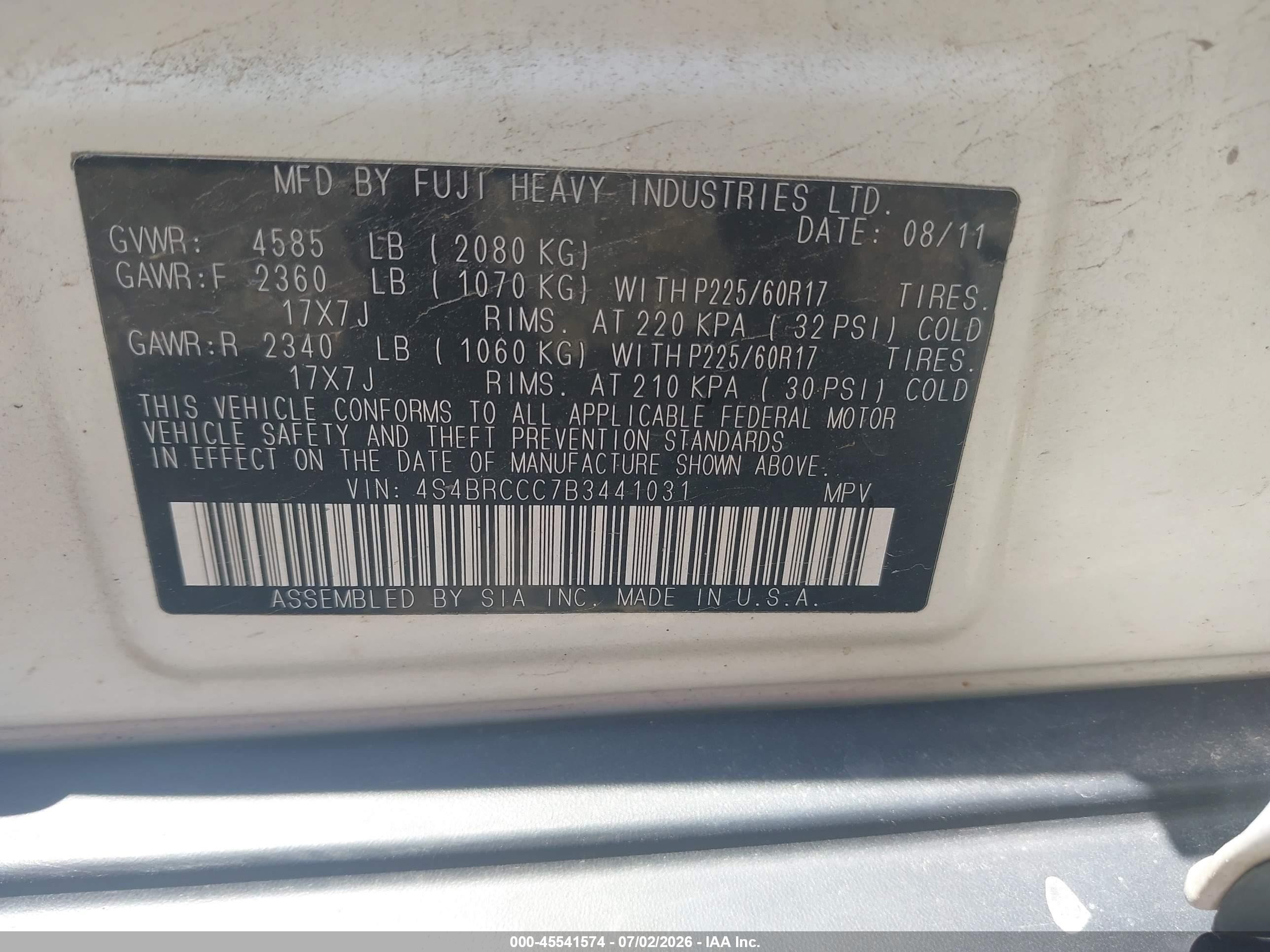 2011 Subaru Outback 2.5i Premium White vin: 4S4BRCCC7B3441031