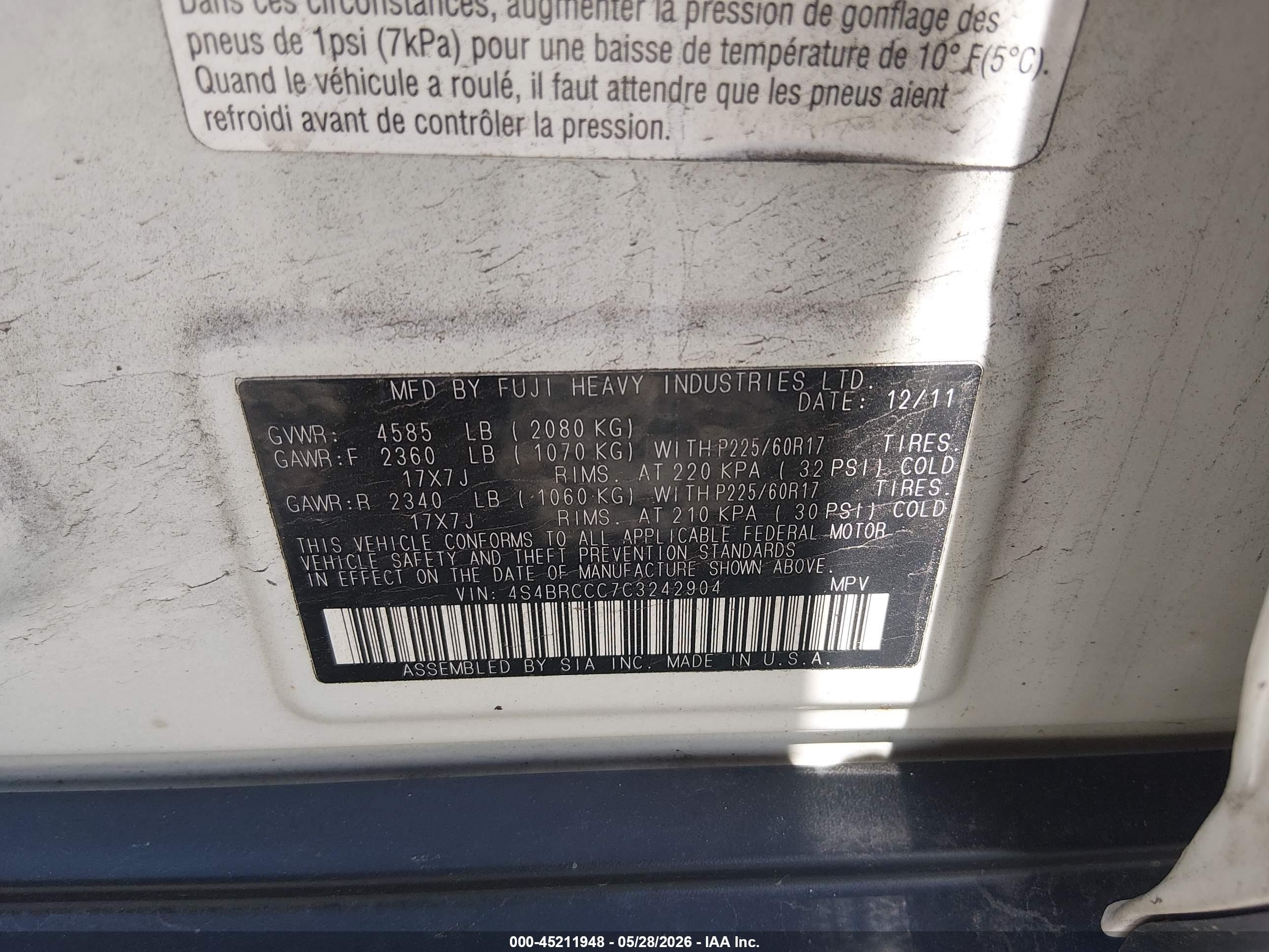 2012 Subaru Outback 2.5i Premium White vin: 4S4BRCCC7C3242904