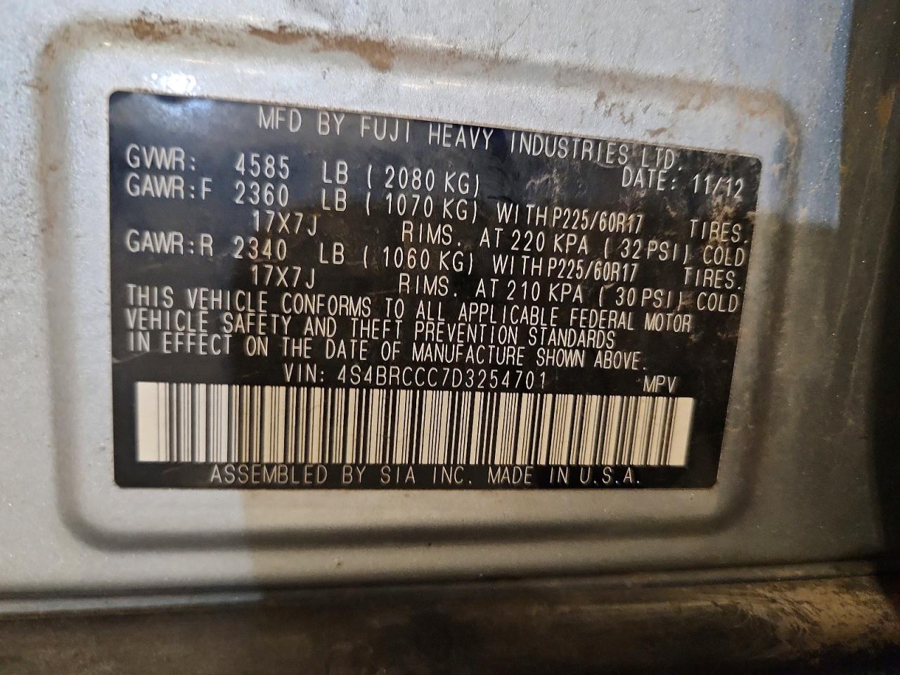 2013 Subaru Outback 2.5i Premium Silver vin: 4S4BRCCC7D3254701