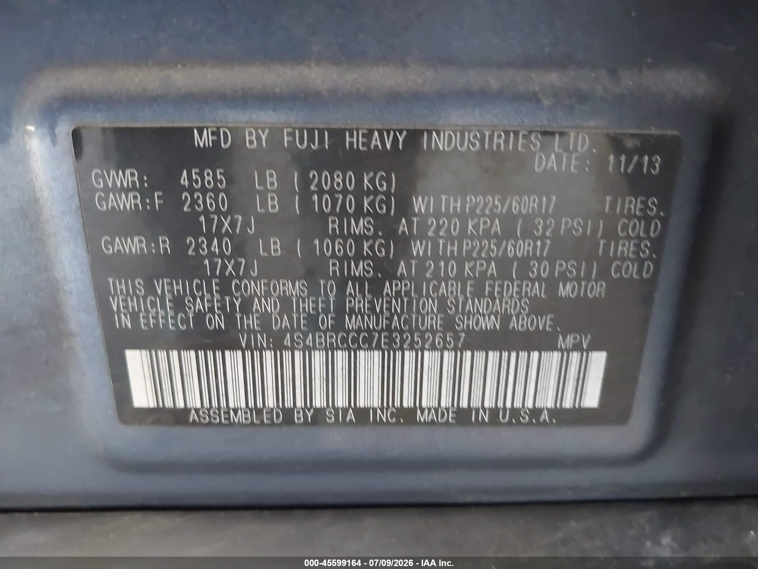 2014 Subaru Outback 2.5i Premium Gray vin: 4S4BRCCC7E3252657