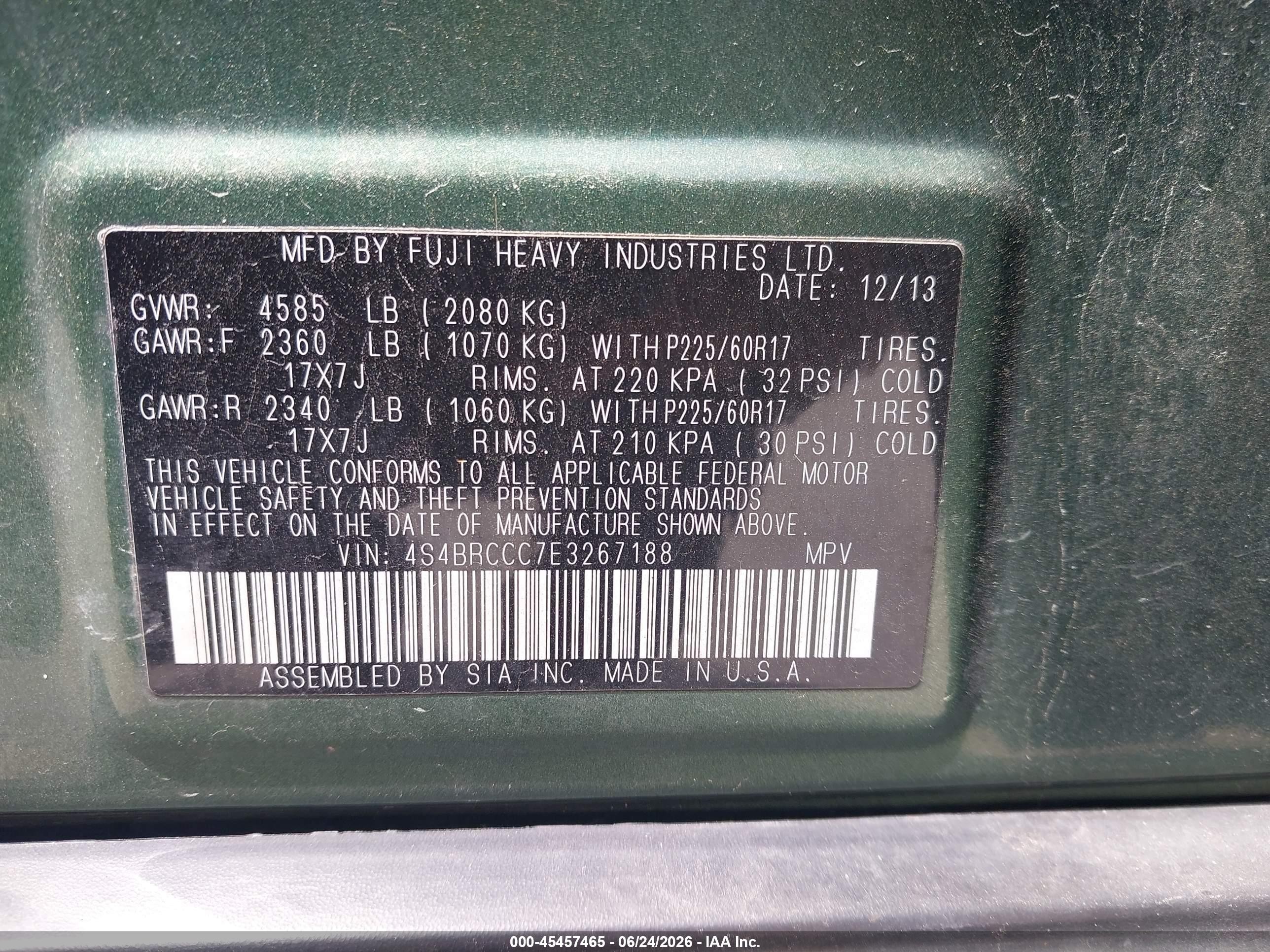 2014 Subaru Outback 2.5i Premium Green vin: 4S4BRCCC7E3267188