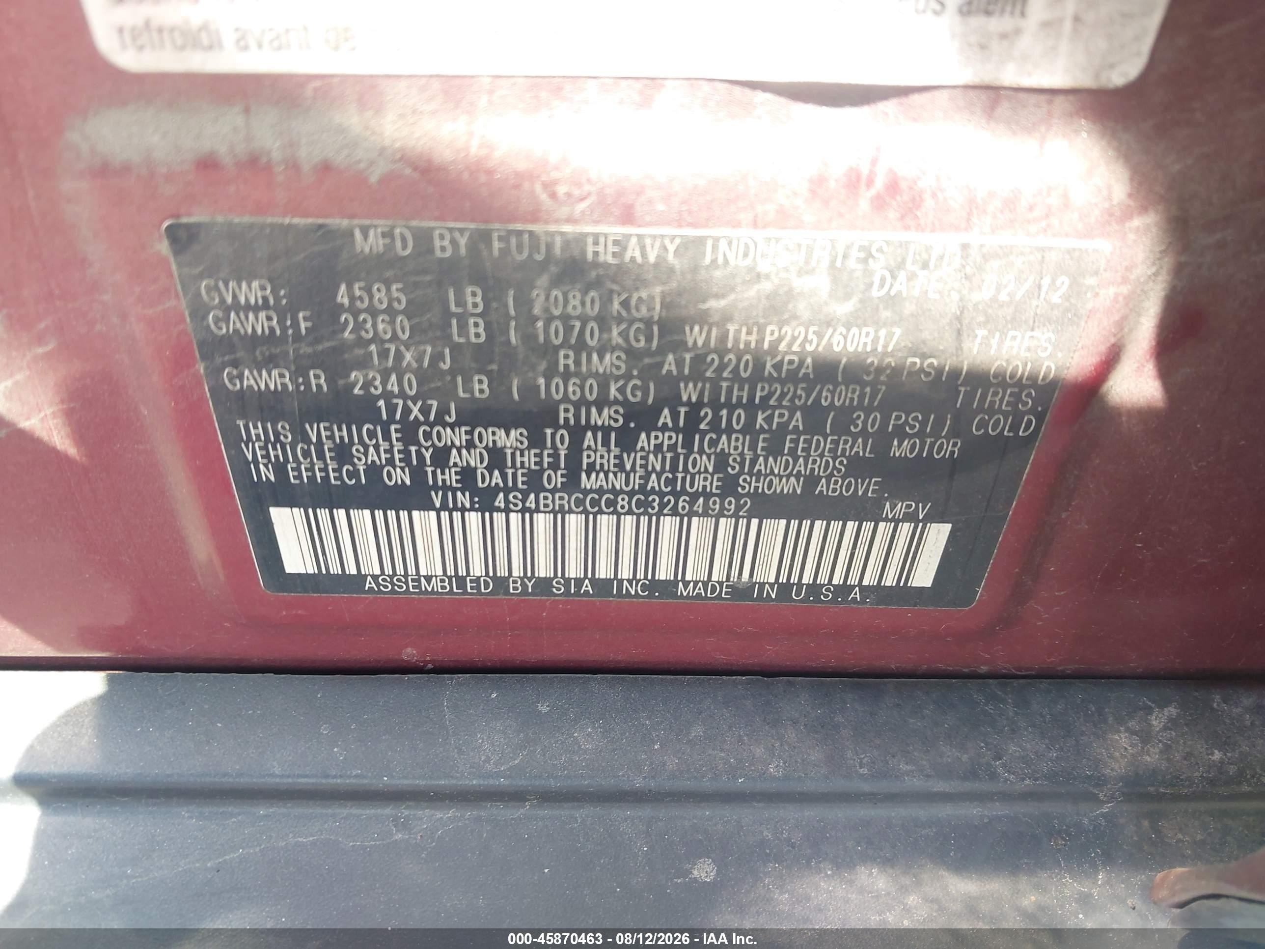 2012 Subaru Outback 2.5i Premium Maroon vin: 4S4BRCCC8C3264992