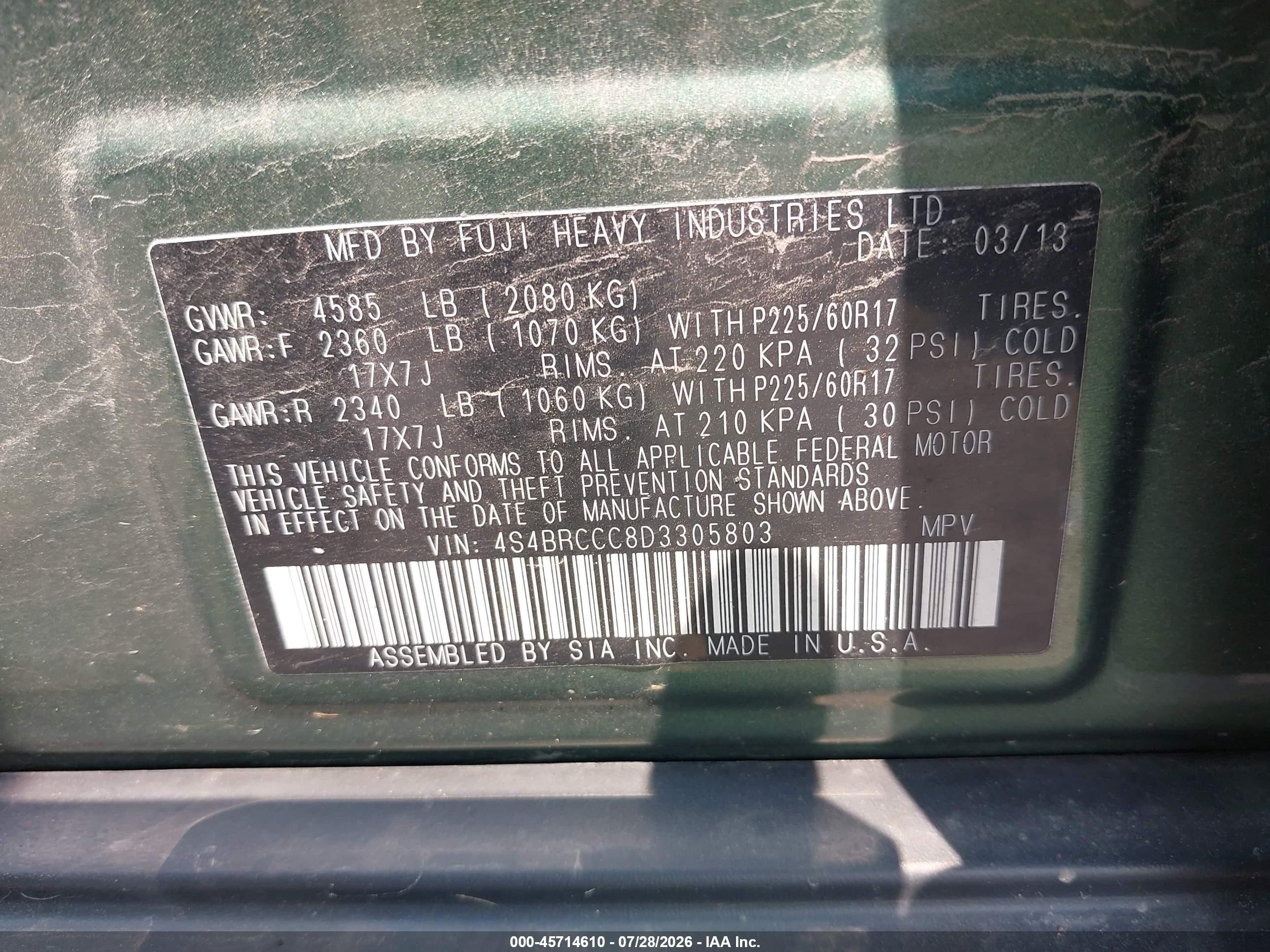 2013 Subaru Outback 2.5i Premium Зеленый vin: 4S4BRCCC8D3305803