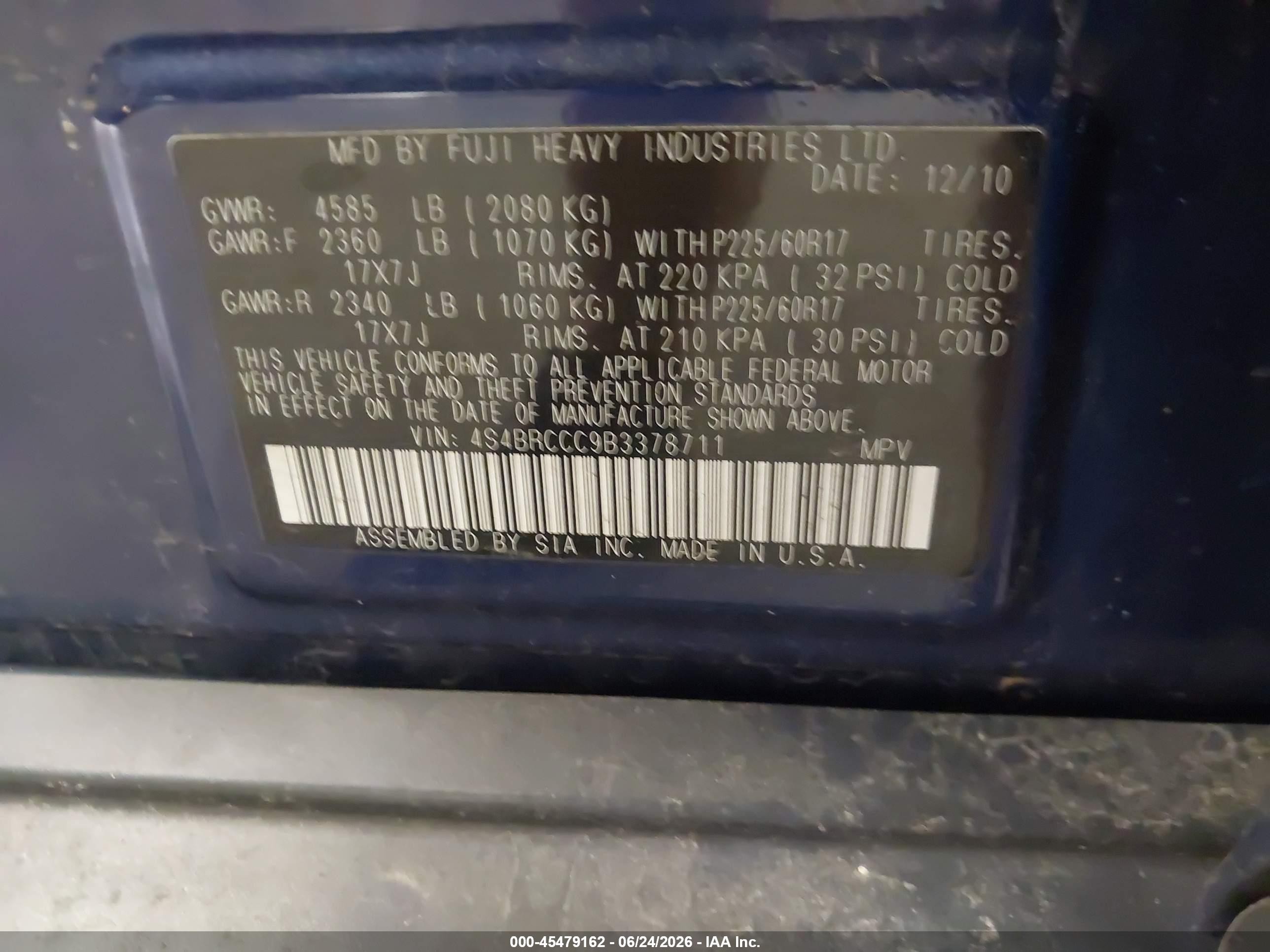 2011 Subaru Outback 2.5i Premium Blue vin: 4S4BRCCC9B3378711